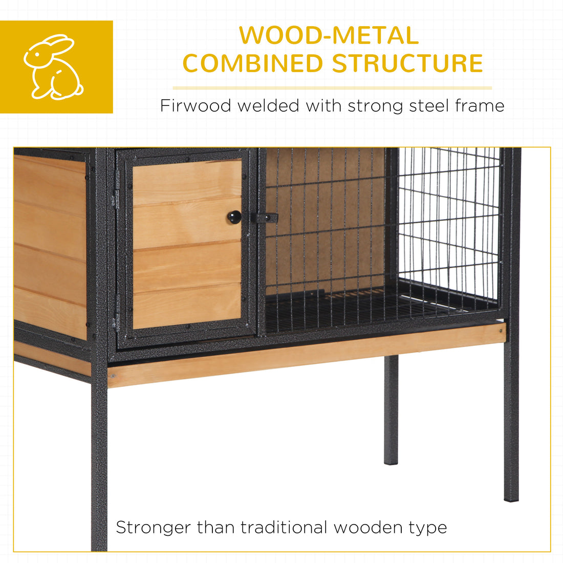 Pawhut Rabbit Hutch Elevated Bunny Cage Small Animal Habitat With Metal Frame, No Leak Tray, Mtetal Wire Pan And Openable Water Resistant Asphalt Roof For Indoor Outdoor Natural Wood Natural Wood Wood