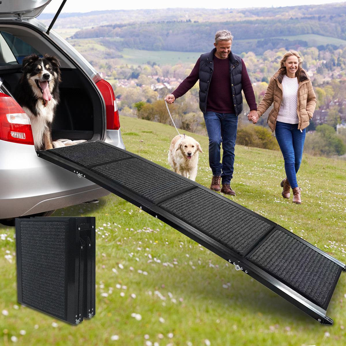 Dog Ramp For Car, 71" Long & 20" Wide Folding Portable Pet Stair Ramp With Non Slip Rug Surface, Extra Wide Dog Steps For Medium & Large Dogs Up To 250Lbs Enter A Car, Suv & Truck Grey Aluminium