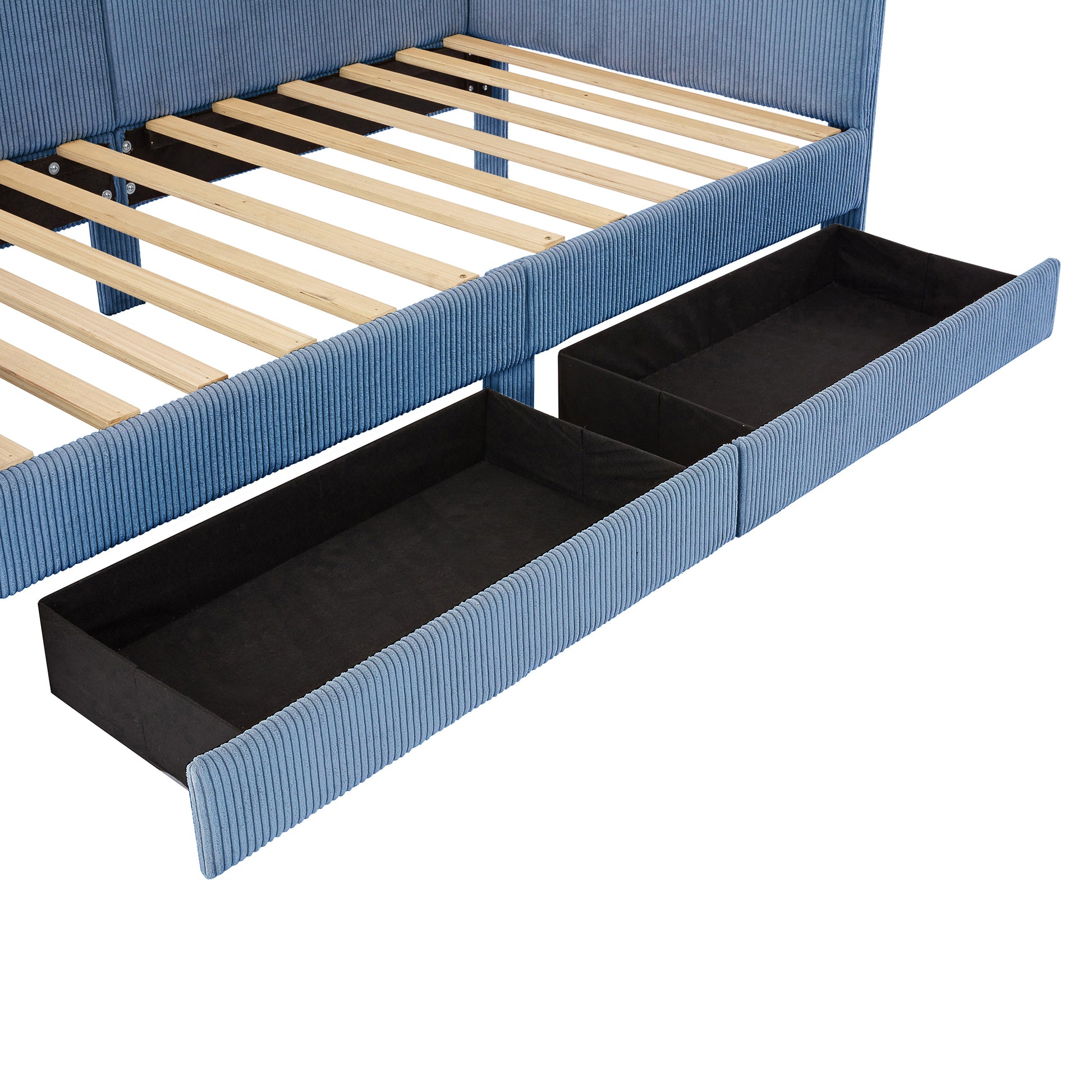 Twin Size L Shaped Corduroy Daybed,Upholstered Bed Frame With 2 Storage Drawers,Blue Twin Blue Wood Fabric