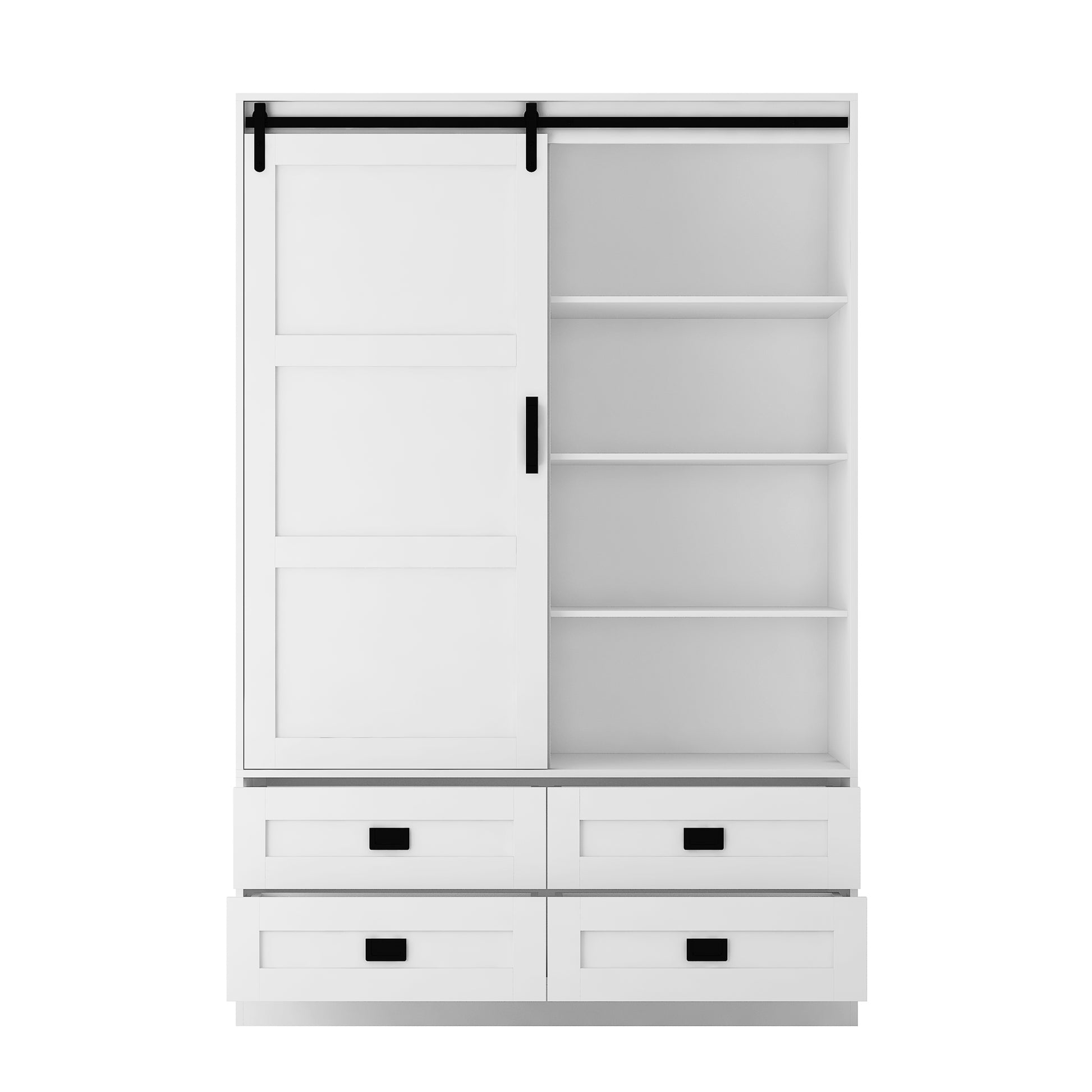 Tall Bedroom Armoire Wardrobe Closet Clothing Storage Cabinet With Hanging Rod Barn Door Drawers Open Shelves White Mdf