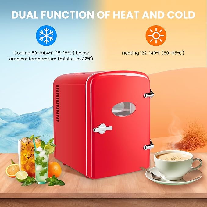 4L Portable Mini Fridge Warmer And Cooler Six 12Oz Cans Compact Refrigerator, 100% Freon Free & Eco Friendly, 4 L, Red Red Plastic