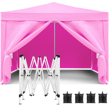 10'X10' Folding Canopy With 4 Removable Sidewalls Outdoor Event Shelter Upf 50 Gazebo Portable Tents For Parties Beach Camping Wedding Ez Pop Up Canopy 4Pcs Weight Bag Carry Bag Pink Metal