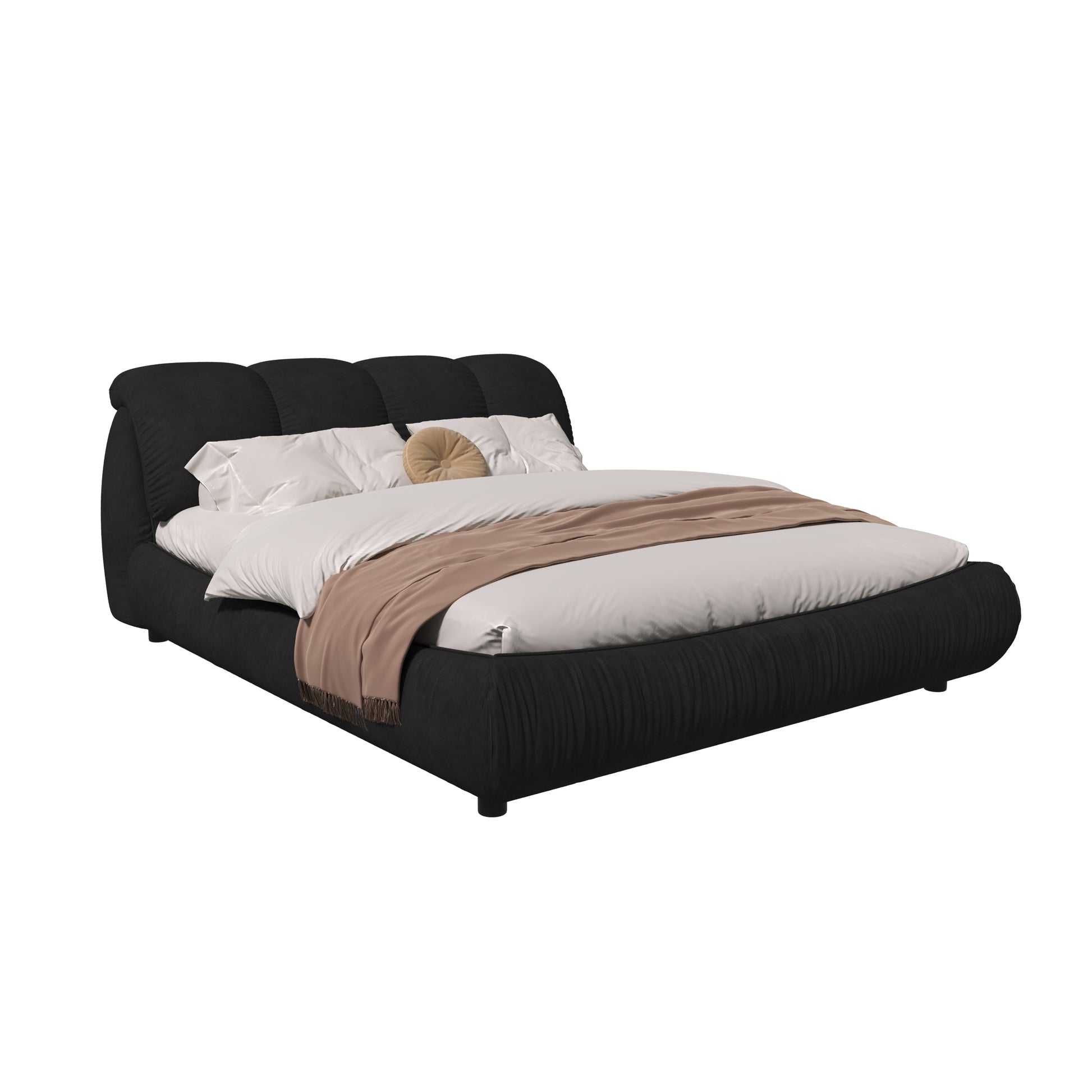 King Size Upholstered Platform Bed With Oversized Padded Backrest, Thickening Pinewooden Slats And Solid Wood Leg,Black Box Spring Not Required King Black Wood Pine Polyester Solid Wood