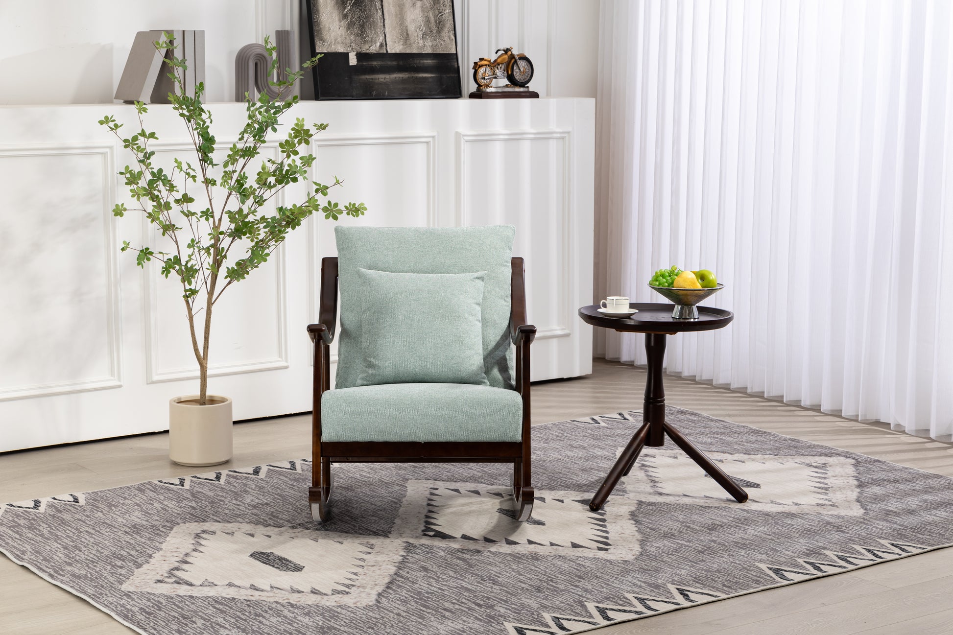 Woven Fabric Mid Century Modern Accent Chairs Comfy Upholstered Glider Arm Chair With Solid Wood For Living Room Bedroom Balcony Light Green Linen