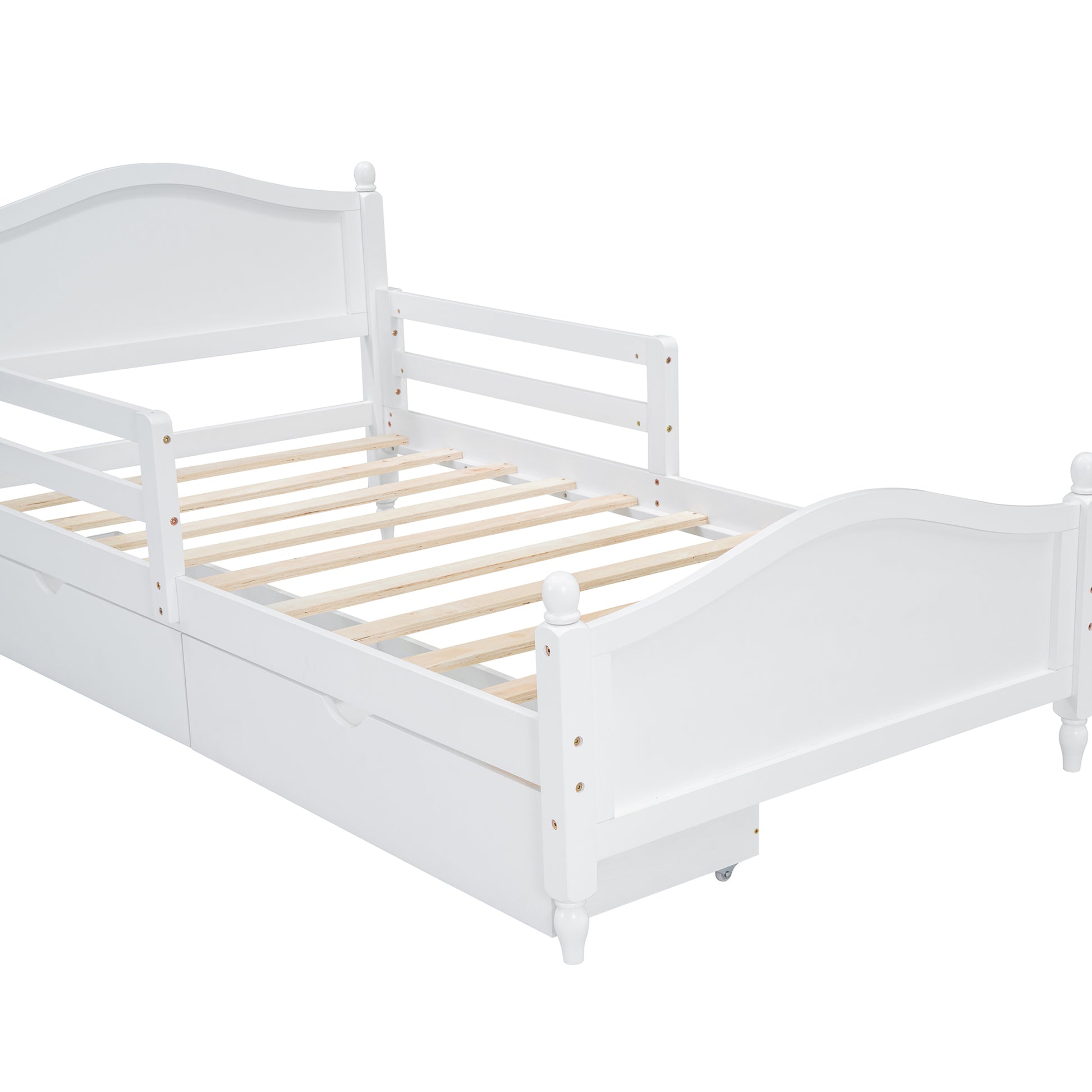 Twin Size Wood Platform Bed With Guardrails On Both Sides And Two Storage Drawers ,White Twin White Wood