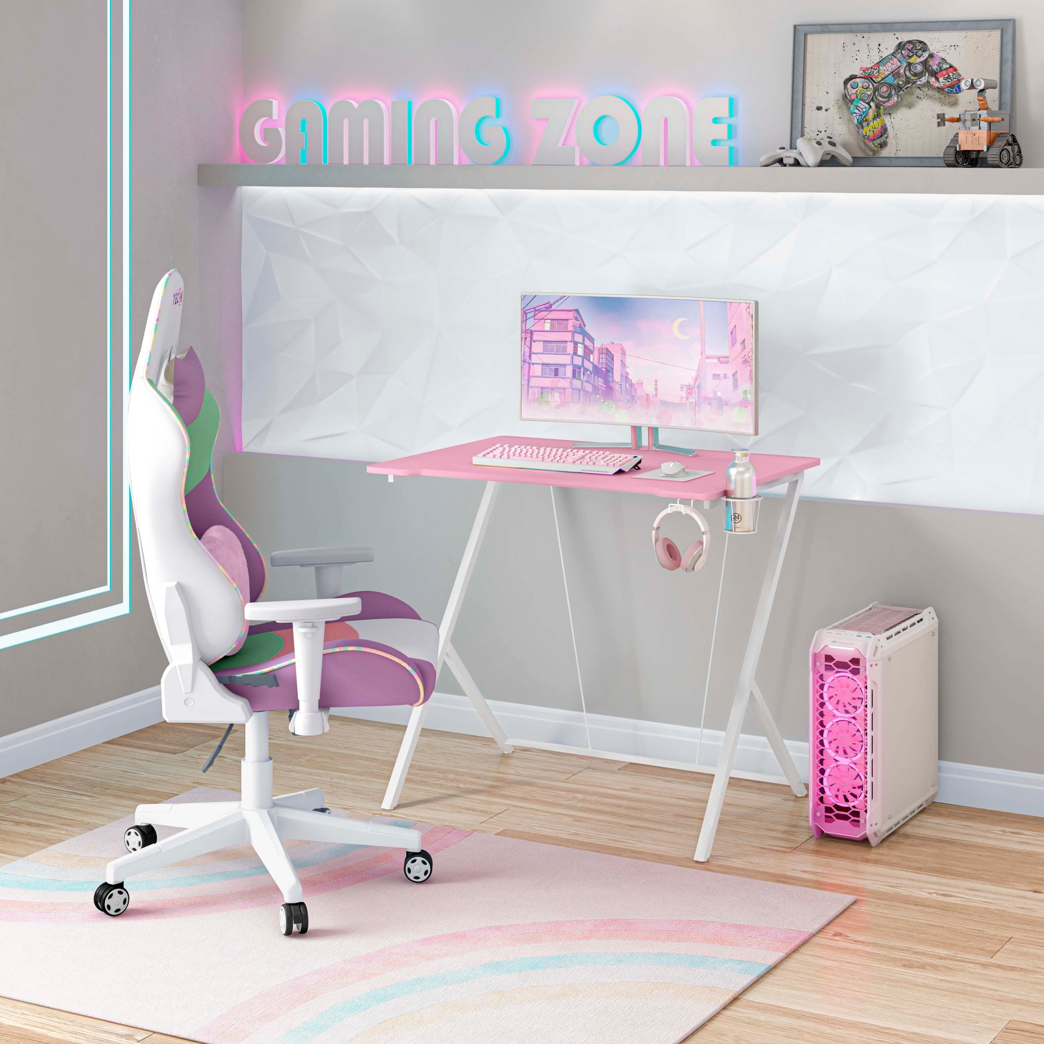 Techni Mobili Kids Gaming Desk, Pink Pink Office Modern Rectangular Rectangular Mdf Steel