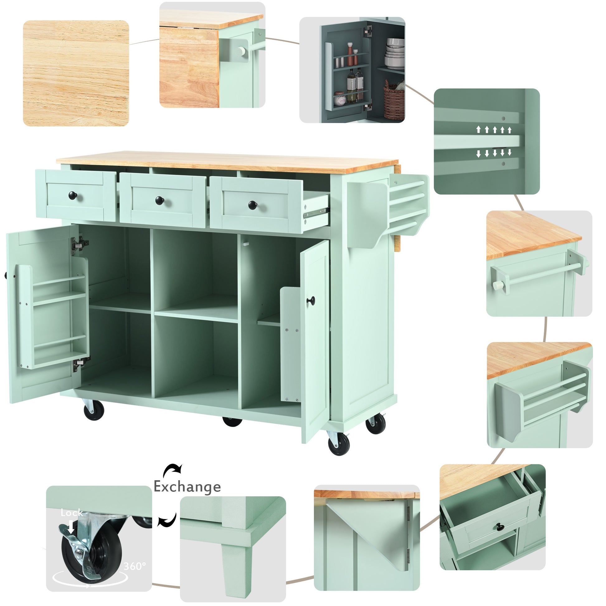 Kitchen Cart With Rubber Wood Drop Leaf Countertop ,Cabinet Door Internal Storage Racks,Kitchen Island On 5 Wheels With Storage Cabinet And 3 Drawers For Dinning Room, Mint Green Mint Green Kitchen American Design,American Traditional,Antique Rectangular