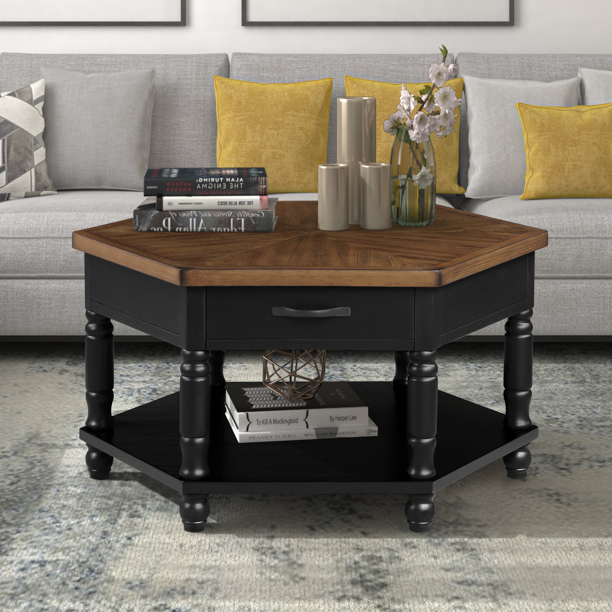 2 Tier Retro Hexagon Living Room Solid Wood Coffee Table With Shelf & Drawer, 36'' Mid Century Center Coffee Table For Living Room, Office. Black And Cherry Top Black Pine