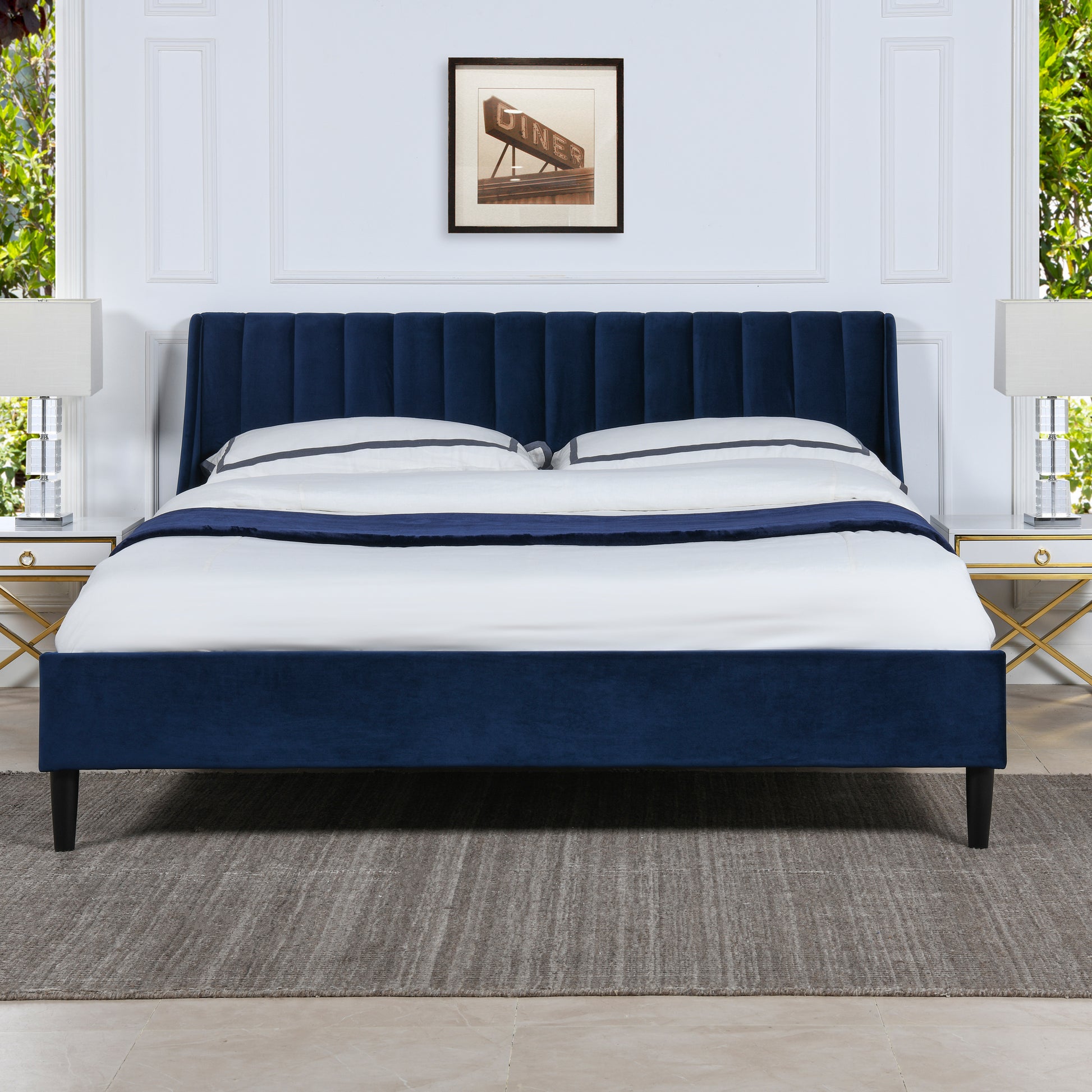 Aspen Vertical Tufted Headboard Platform Bed Set, King, Navy Blue Velvet Box Spring Not Required King Navy Blue Wood Foam Velvet Velvet