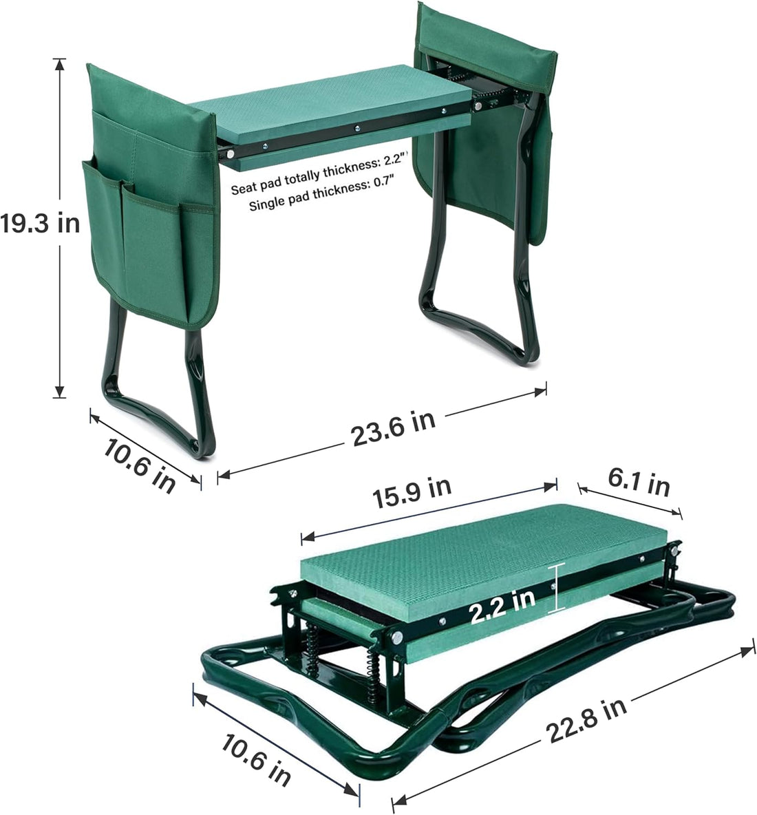 Garden Kneeler And Seat, Foldable Kneeling Bench With Sturdy Soft Eva Foam Pad, For Camping, Gardening, Fishing, 2 Tool Pouches Included, Green Green Metal