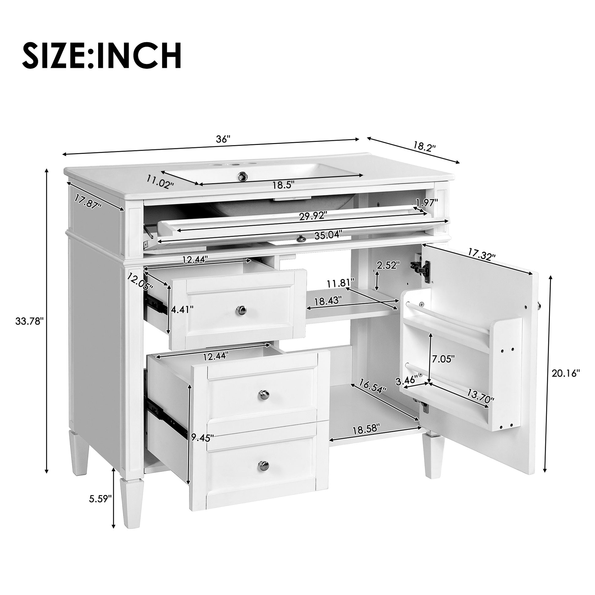 36'' Bathroom Vanity With Top Sink, Modern Bathroom Storage Cabinet With 2 Drawers And A Tip Out Drawer, Single Sink Bathroom Vanity White Bathroom Solid Wood Mdf Ceramic,Solid Wood Mdf