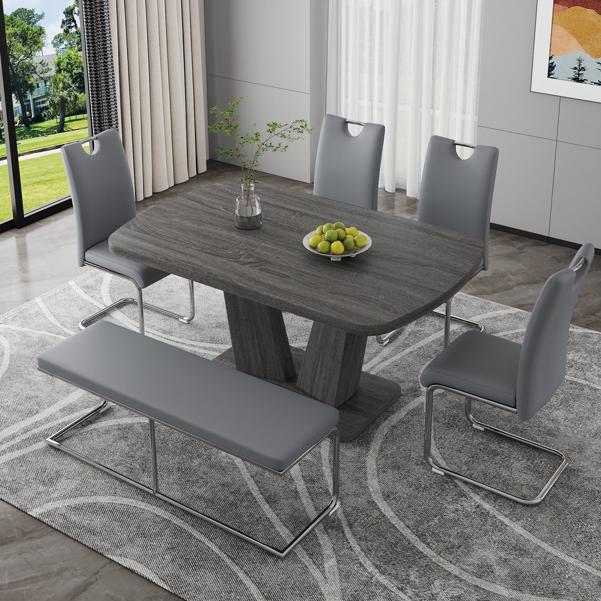 Dining Table Set For 6, 6 Piece Dining Table Set, Wood Veneer Tabletop And Modern Design Mdf Base With 4 Pu Leather Ergonomic Dining Chairs&1 Bench Metal Grey Modern Mdf Metal