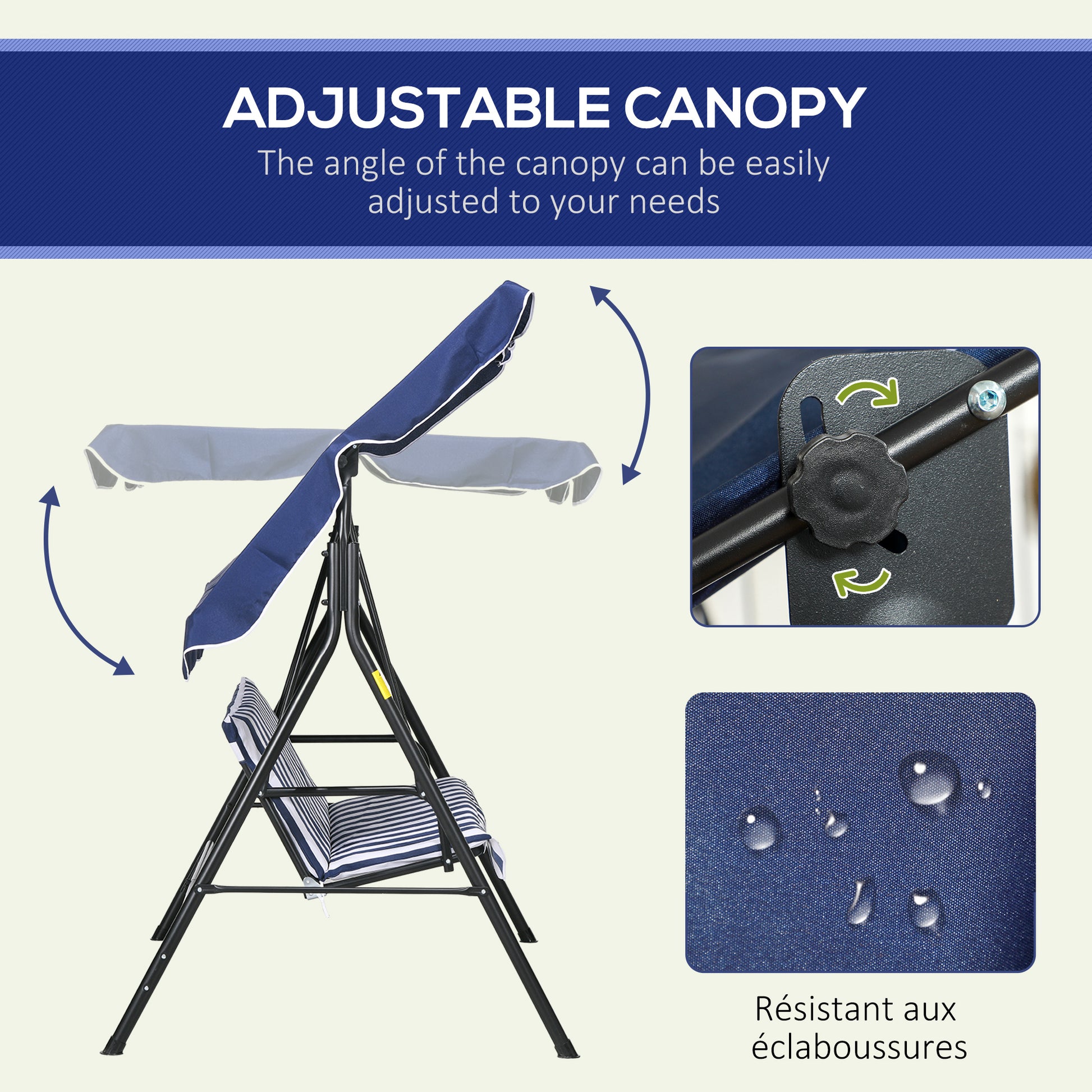 Outsunny 3 Seat Outdoor Patio Swing Chair With Removable Cushion, Steel Frame Stand And Adjustable Tilt Canopy For Patio, Garden, Poolside, Balcony, Backyard, Dark Blue Dark Blue Steel