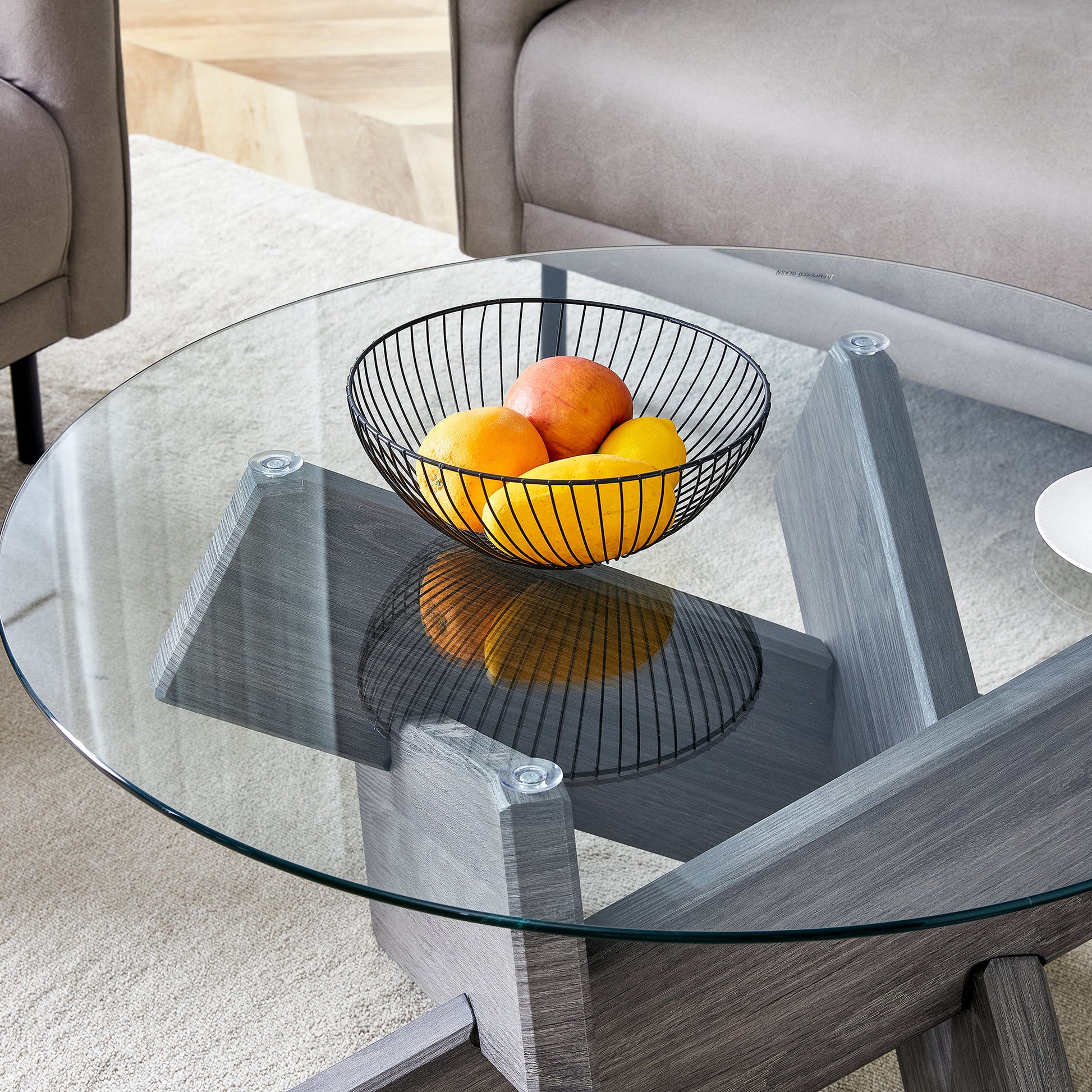 Round Glass Coffee Table, 33.4" Modern Design Unique Coffee Table. Tempered Glass Top With Grey Patterned Mdf Legs. Suitable For Living And Dining Rooms Gray Mdf Glass