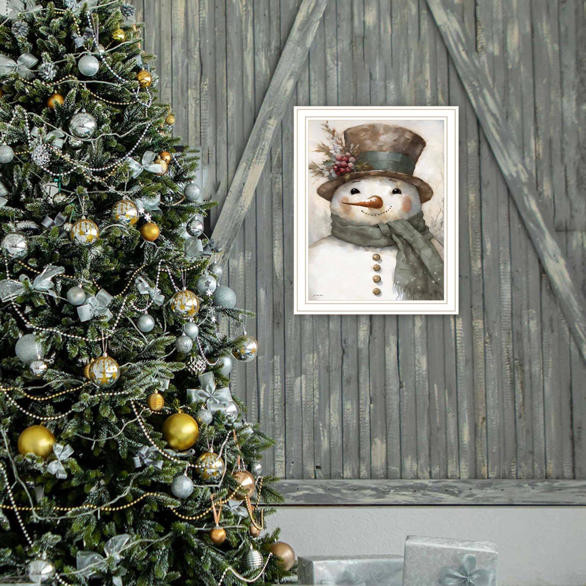 Old World Frosty The Snowman White Framed Wall Art For Living Room, Holiday Wall Art Print For Home Decor, Bedroom Wall Art By Jo Moulton Multicolor Wood Paper
