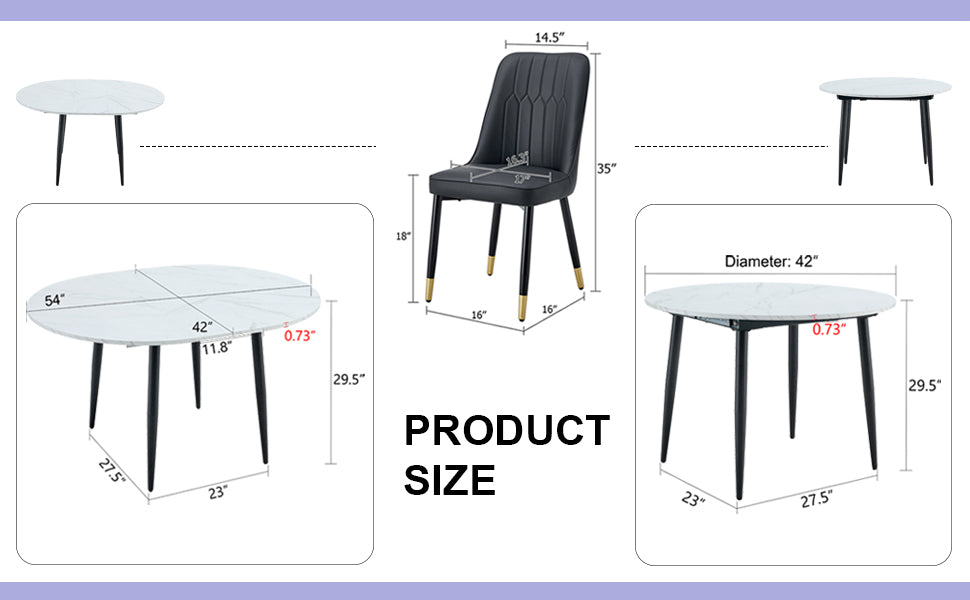 Table And Chair Set.Modern Extendable Mdf Dining Table.The Table Has A Telescopic Design, Suitable For Gatherings Of Different Size.Paried With 4 Chairs With Pu Cushions And Black Metal Legs. White Black Seats 4 Mdf Metal