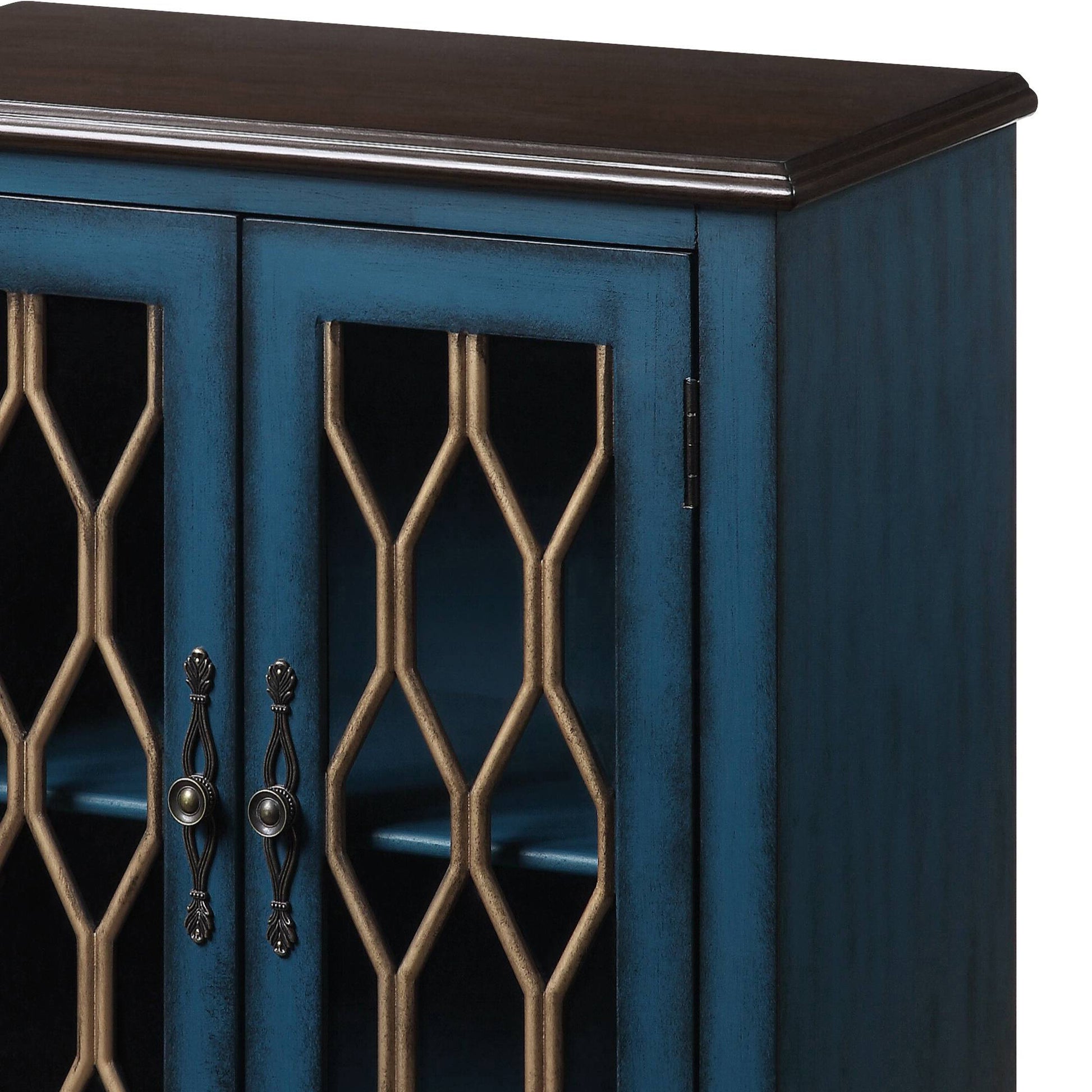 Antique Blue Console Table With Glass Doors Blue Primary Living Space Rubberwood Rectangular Wood Glass
