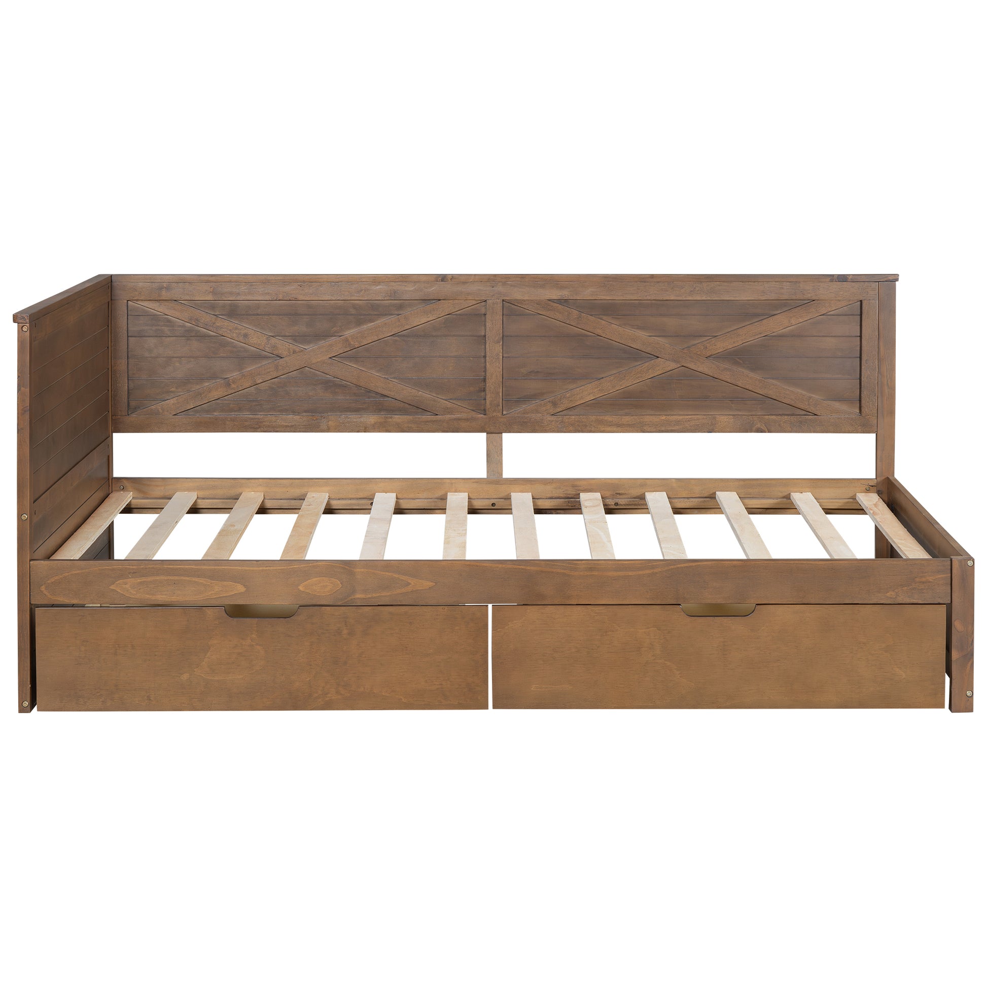 Twin Size Wood Daybed With 2 Drawers And Rustic Guardrail, Ancient Brown Expected Arrival Time: 8.28 Box Spring Not Required Twin Brown Wood Daybeds Solid Wood Mdf