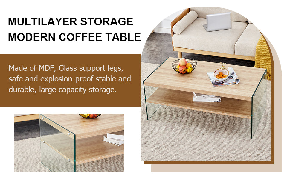 Double Layered Rectangular Coffee Table.The Board Is Made Of Mdf With Wooden Stickers, With Transparent Tempered Glass On Both Side.Suitable For Various Occasions Such As Living Rooms And Bedrooms. Wood Mdf Glass