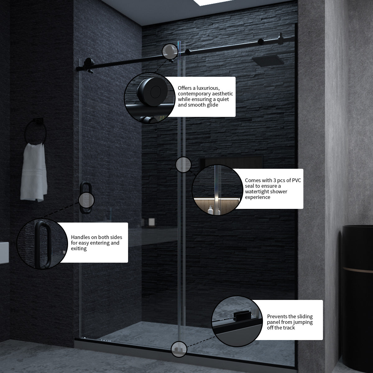 Frameless Sliding Shower Door 58 60 In. W X 76 In. H, Bathroom Sliding Door With 5 16" Clear Tempered Glass, Matte Black Finish, Designed For Smooth Door Closing Matte Black Stainless Steel