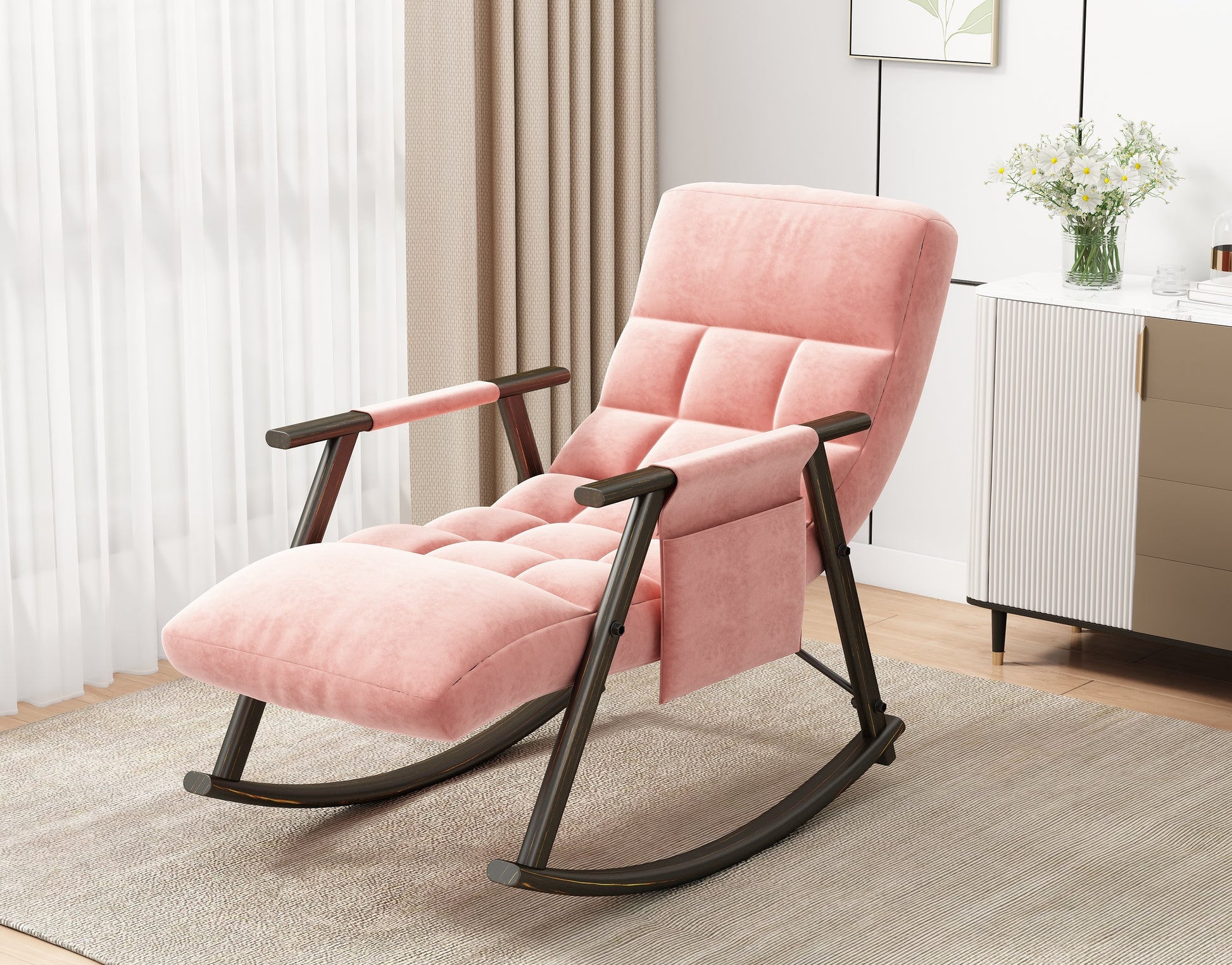 Casual Folding Rocking Chair Upholstered, Lounge Rocking Chair Adjustable High Back And Foot Rest,Side Pockets Placed In Living Room Bedroom Balcony Pink Velvet