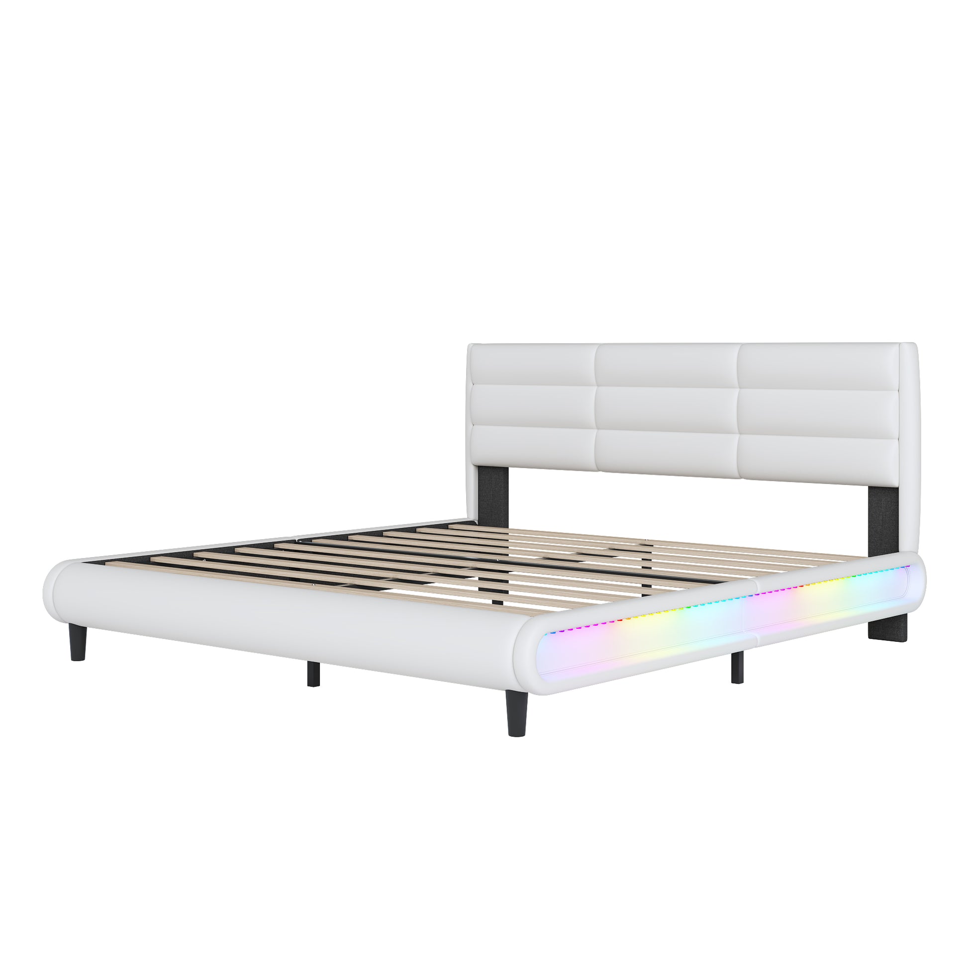 King Size Upholstered Platform Bed With Led Light Strips,White King White Upholstered