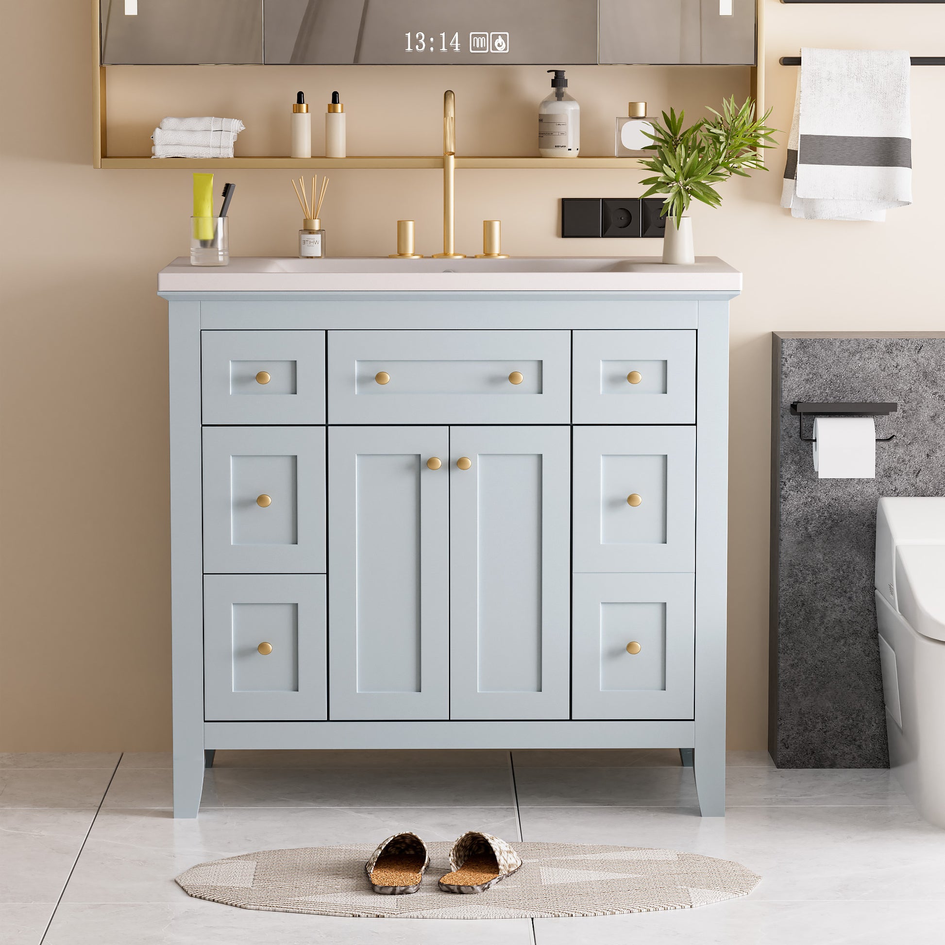 36'' Bathroon Vanity With Resin Sink Combo Set, Modern Freestanding Single Bathroom Cabinet With 6 Drawers & 2 Cabinets, Storage Cabinet For Bathroom, Solid Wood Frame Vanity Set, Light Blue 4 Light Blue 2 Bathroom Freestanding Modern Solid Wood Mdf