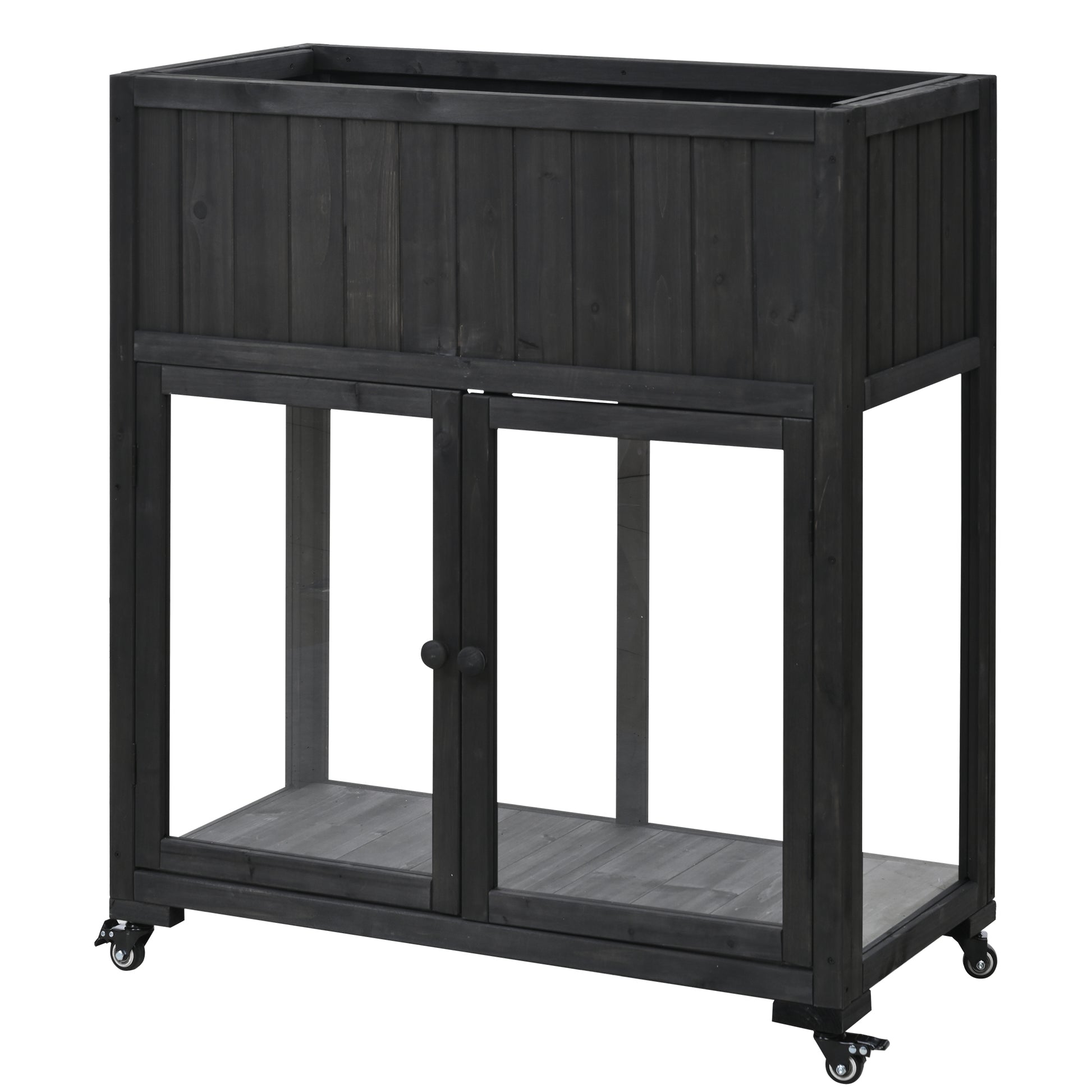 Patio 35.4''X17.7''X37.4'' Mini Wood Cold Frame, Compact 2 Doors Garden Greenhouse With Wheels, Raised Bed With Liner For Indoor Outdoor Use, Black Black Garden & Outdoor Casual Wood