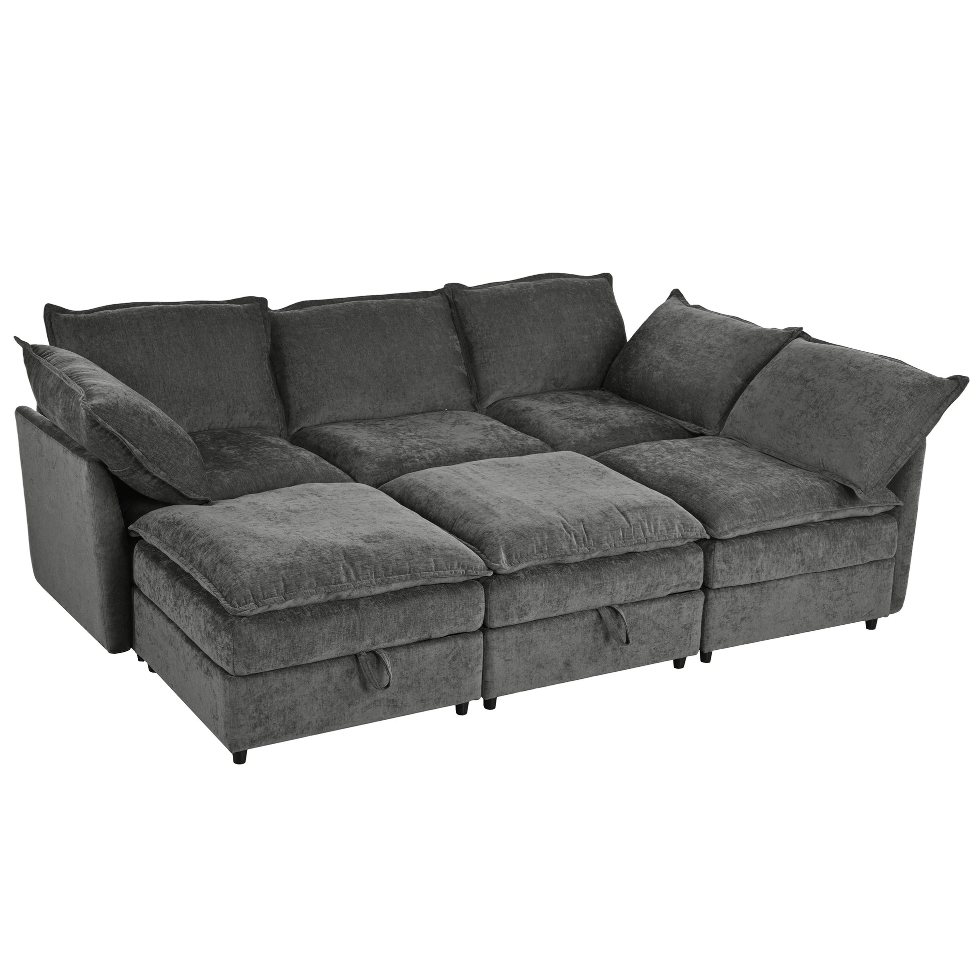 Mirod 126'' Versatile 6 Piece Modular Sofa Bed With Storage,Stylish Faux Double Layer Cushions,Comfortable & Durable Design,Perfect For Any Living Space Grey Polyester 6 Seat