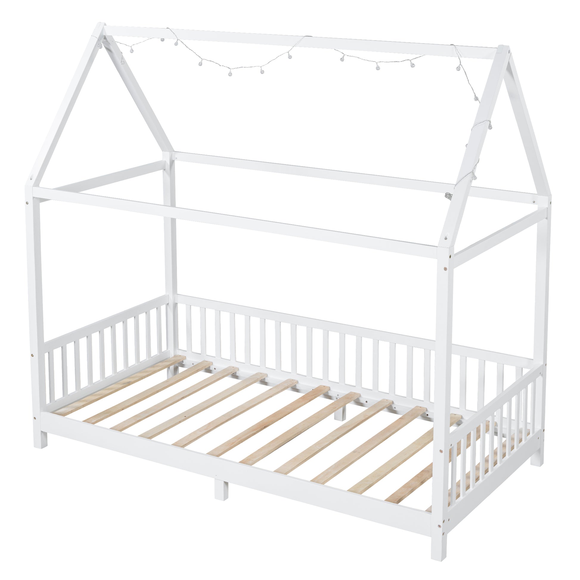 Wood Twin Size House Bed With Guardrail And Led, White Box Spring Not Required Twin White Wood Bedroom Solid Wood Mdf