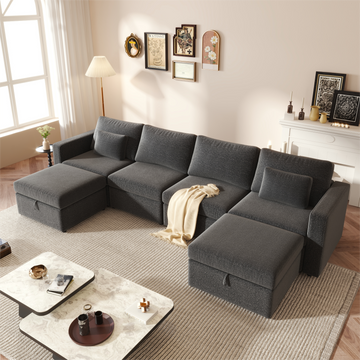 Modern Cotton Linen U Shape Sectional Sofa, Oversized Upholstery Sectional Sofa, Chaise Couch With Storage Ottomans For Living Room Loft Apartment Office Dark Gray 6 Seats Gray Wood Primary Living Space Medium Duty Pine 6 Seat Dark Gray Linen Medium Soft