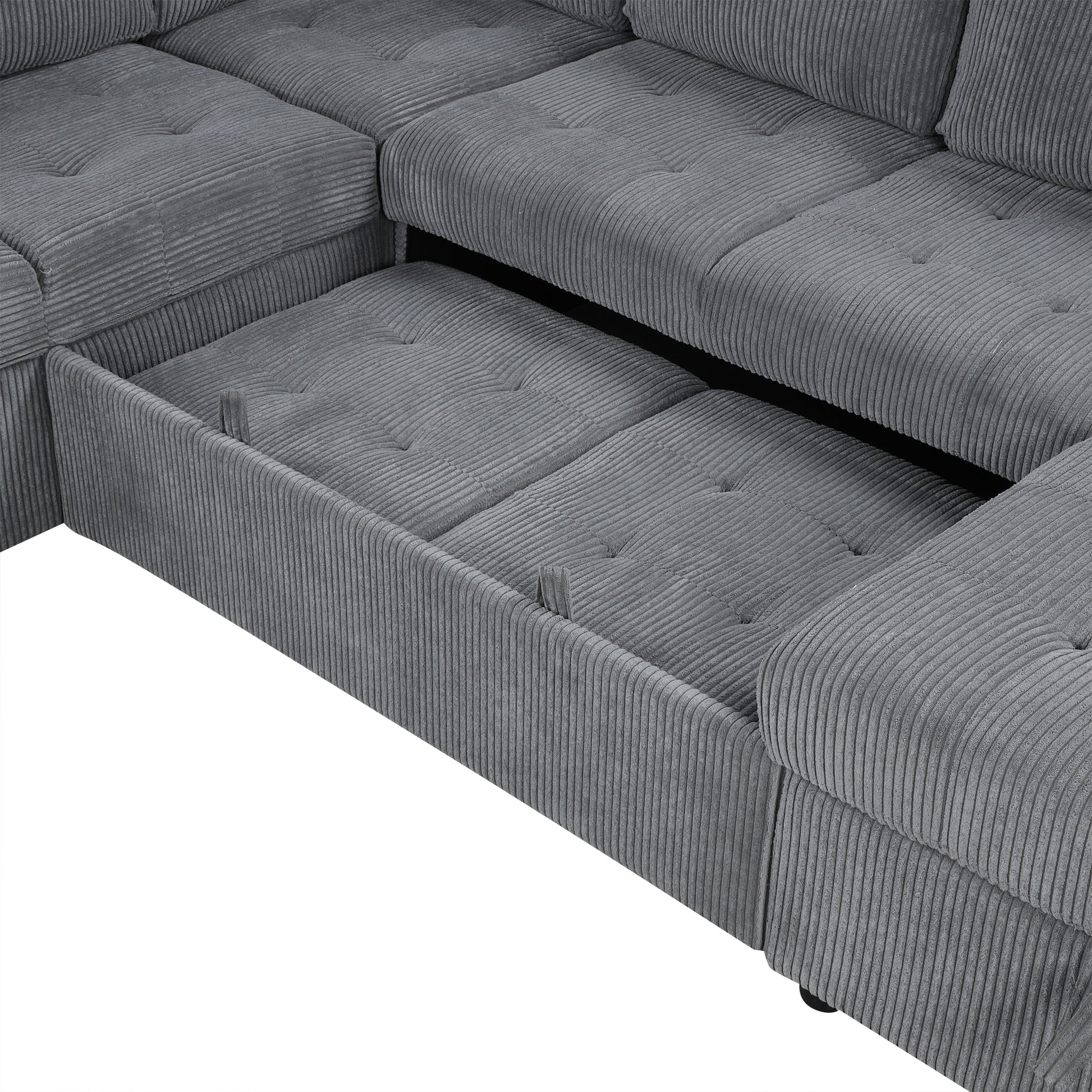 107.5" U Shaped Sofa Sectional Sofa Pull Out Sofa Bed With A Storage Chaise Lounge, Charging Devices For Living Room, Gray Gray Foam Corduroy 5 Seat