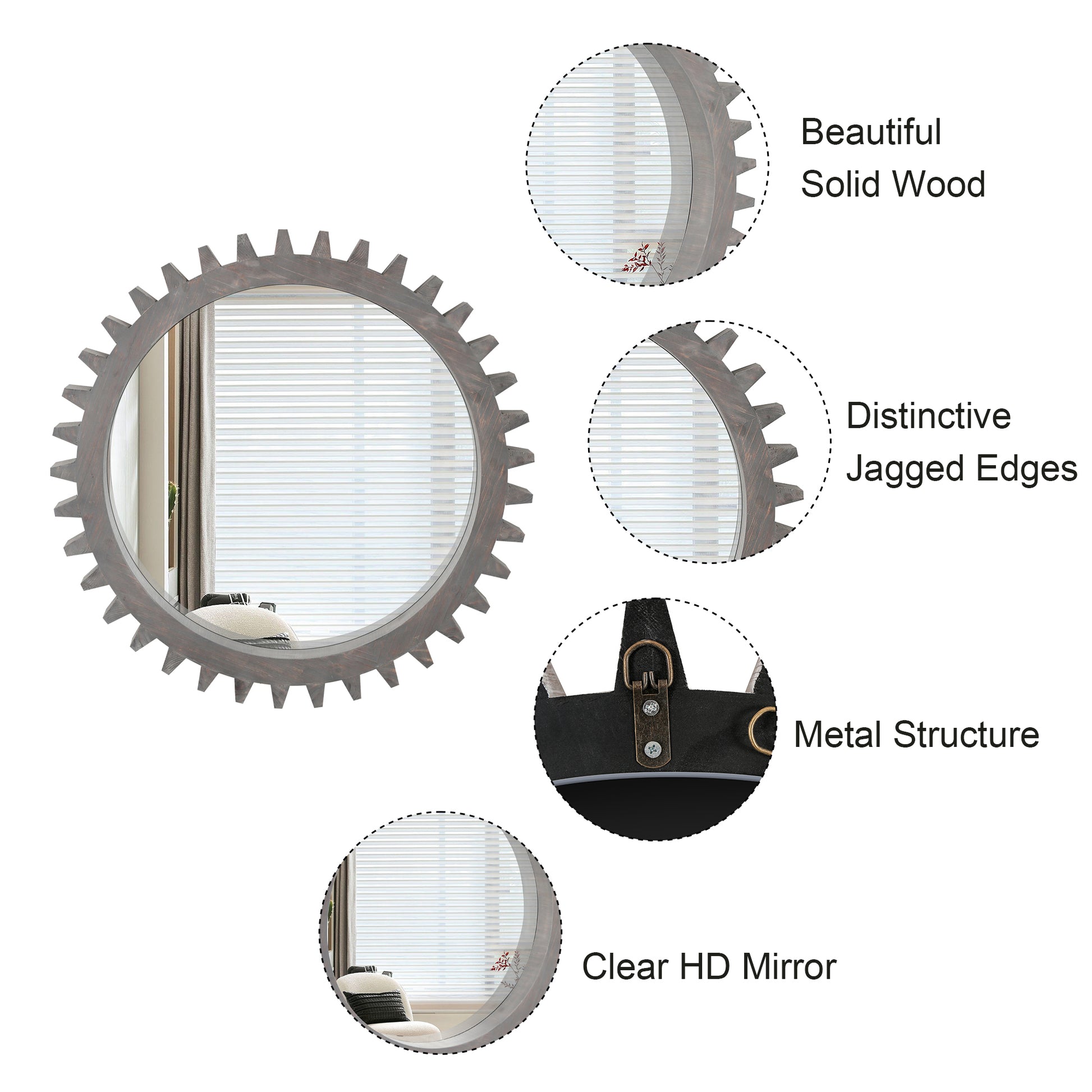 Vintage 26'' X 26'' Wall Wood Round Hanging Gear Shape Heavy Decorative Mirror For Bathroom Living Room Entryway Or Put Together To Your Liking Antique Dark Brown Dark Brown Antique Glass Mirror