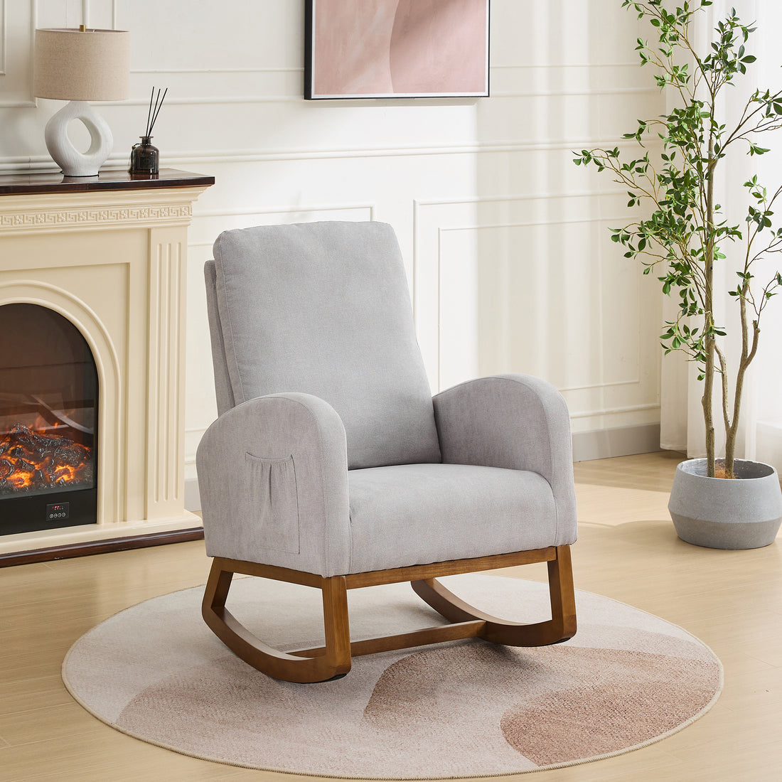 27.2"W Rocking Chair For Nursery, Polyester Glider Chair With High Back And Side Pocket, Rocking Accent Armchair With Rubber Wood Legs For Living Room Bedroom.Light Gray Light Gray Polyester