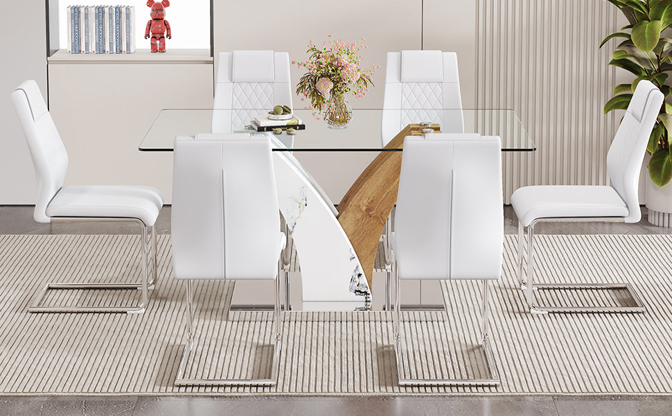 Table And Chair Set.Modern Dining Table, Tempered Glass Countertop With Artistic Mdf Legs.Paried With 6 Comfortable Chairs With Pu Seats And Metal Legs. Suitable For Various Decoration Styles. Transparent,White Seats 6 Mdf Glass