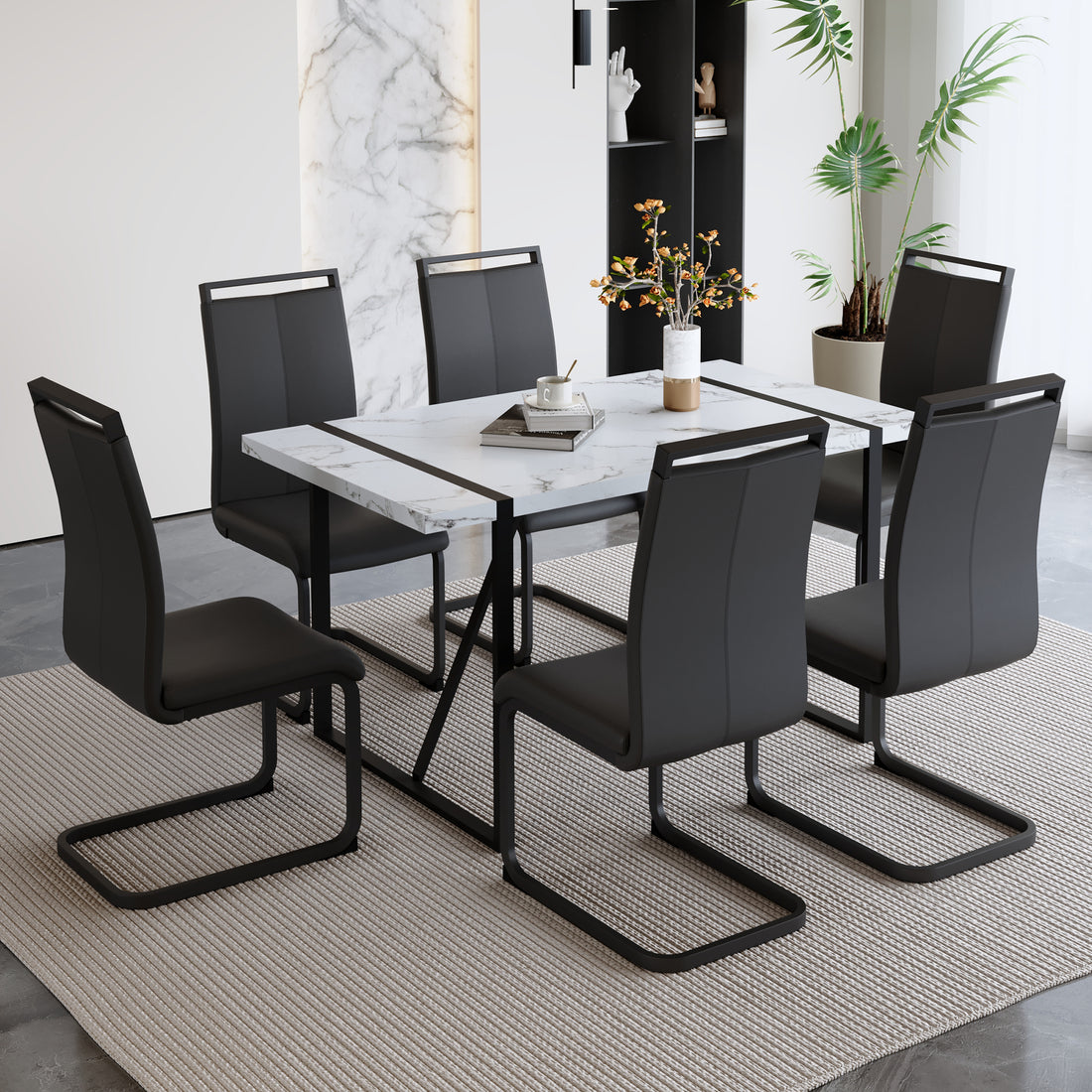 Table And Chair Set.A Modern Minimalist White Marble Veined Mdf Dining Table With Black Metal Frame.Paried With 6 Chairs With Pu Cushions And C Tube Black Metal Legs. White Black Seats 6 Mdf Metal