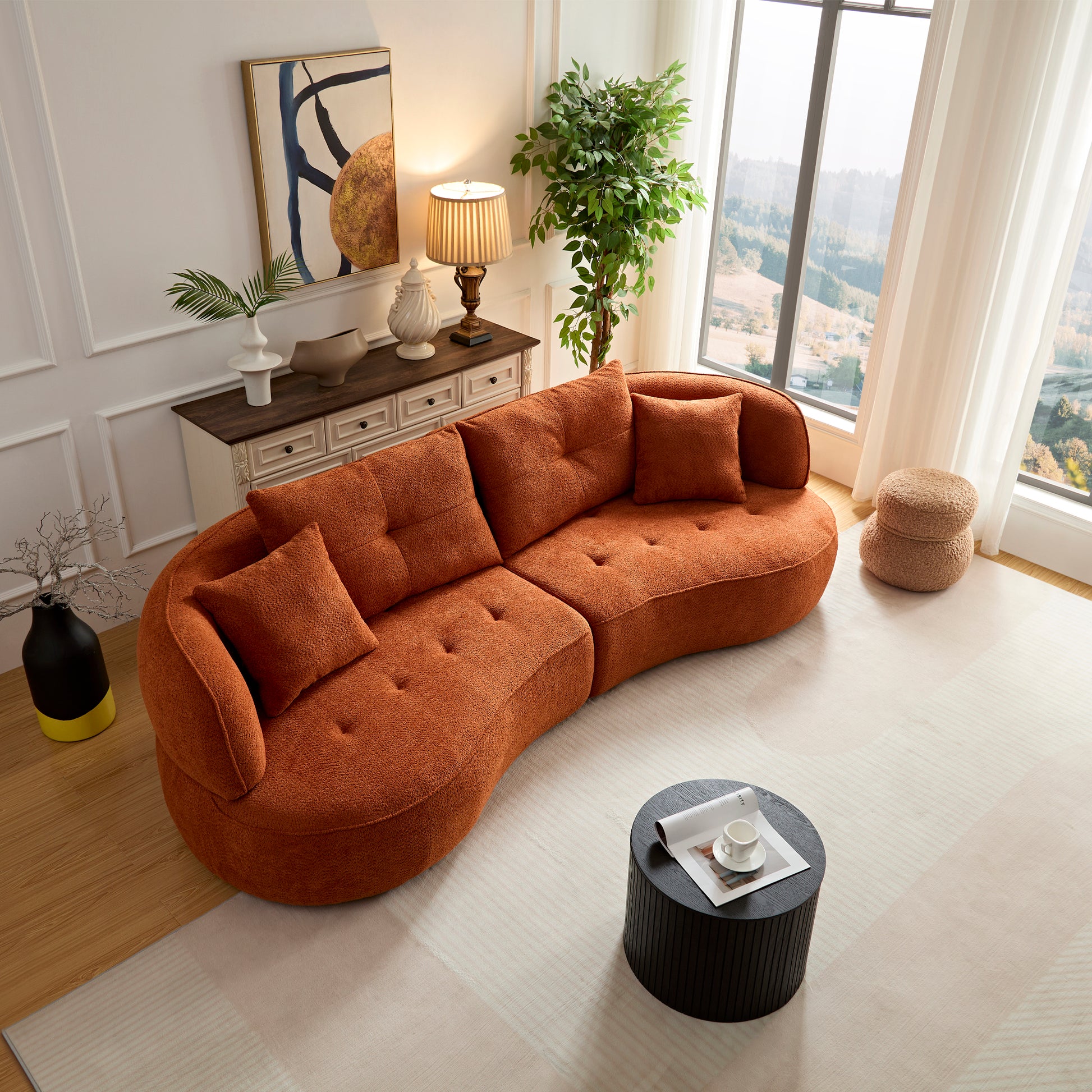 Wks7C Orange Sectional Sofa With Removable Pillows, Durable Fabric, Solid Wood Frame, High Density Sponge Filler Orange Fabric 4 Seat