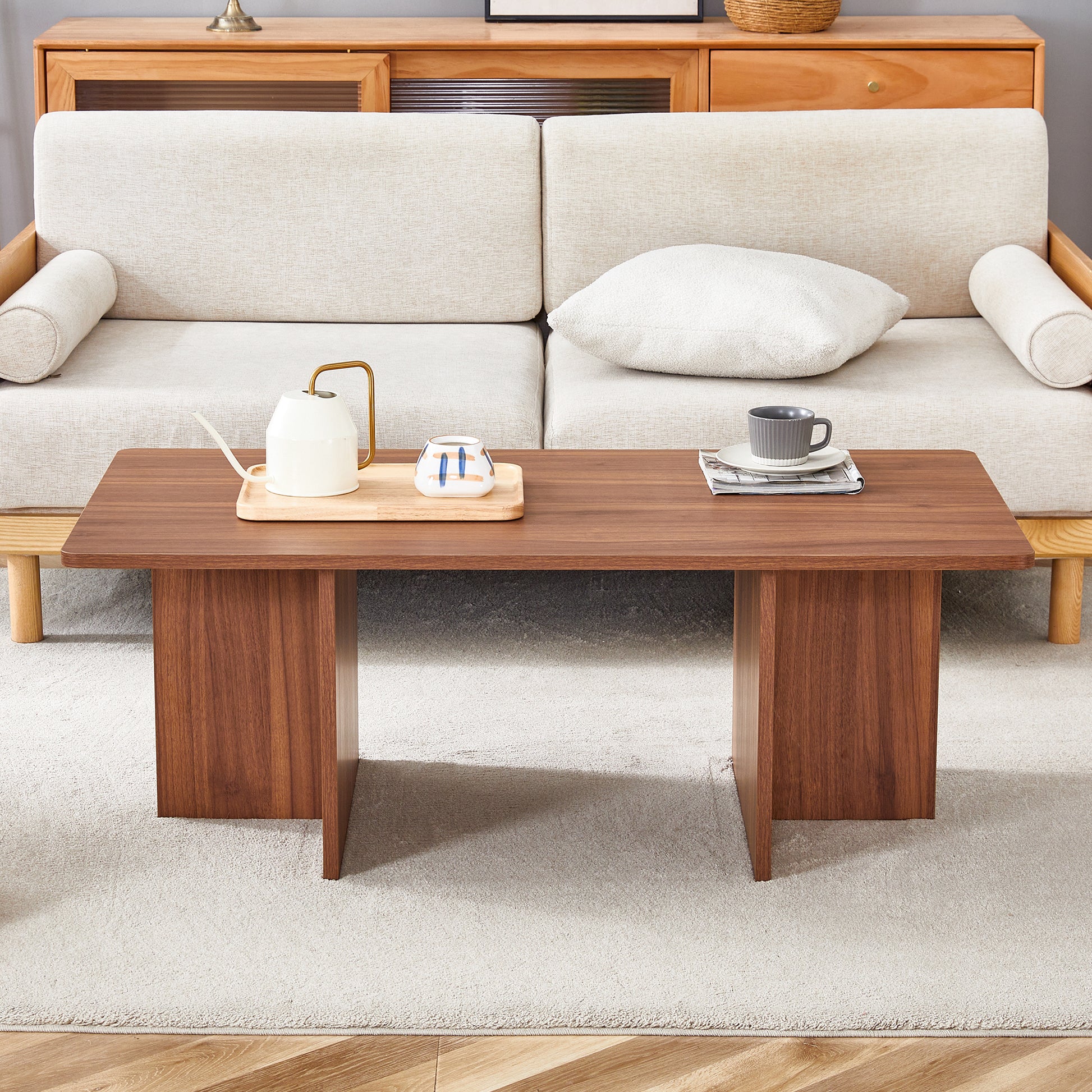 44.8 Inch Walnut Wood Grain Mdf Coffee Table Modern Luxury, Stable Triangular Support.The Coffee Table Is Made Of Medium Density Fiberboard Material And Is Suitable For Living Rooms, Bedrooms,Etc.