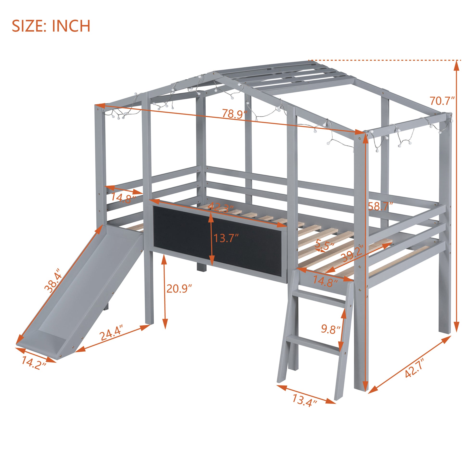 Twin Size Loft Bed With Ladder And Slide, House Bed With Blackboard And Light Strip On The Roof, Gray Twin Gray Solid Wood Mdf