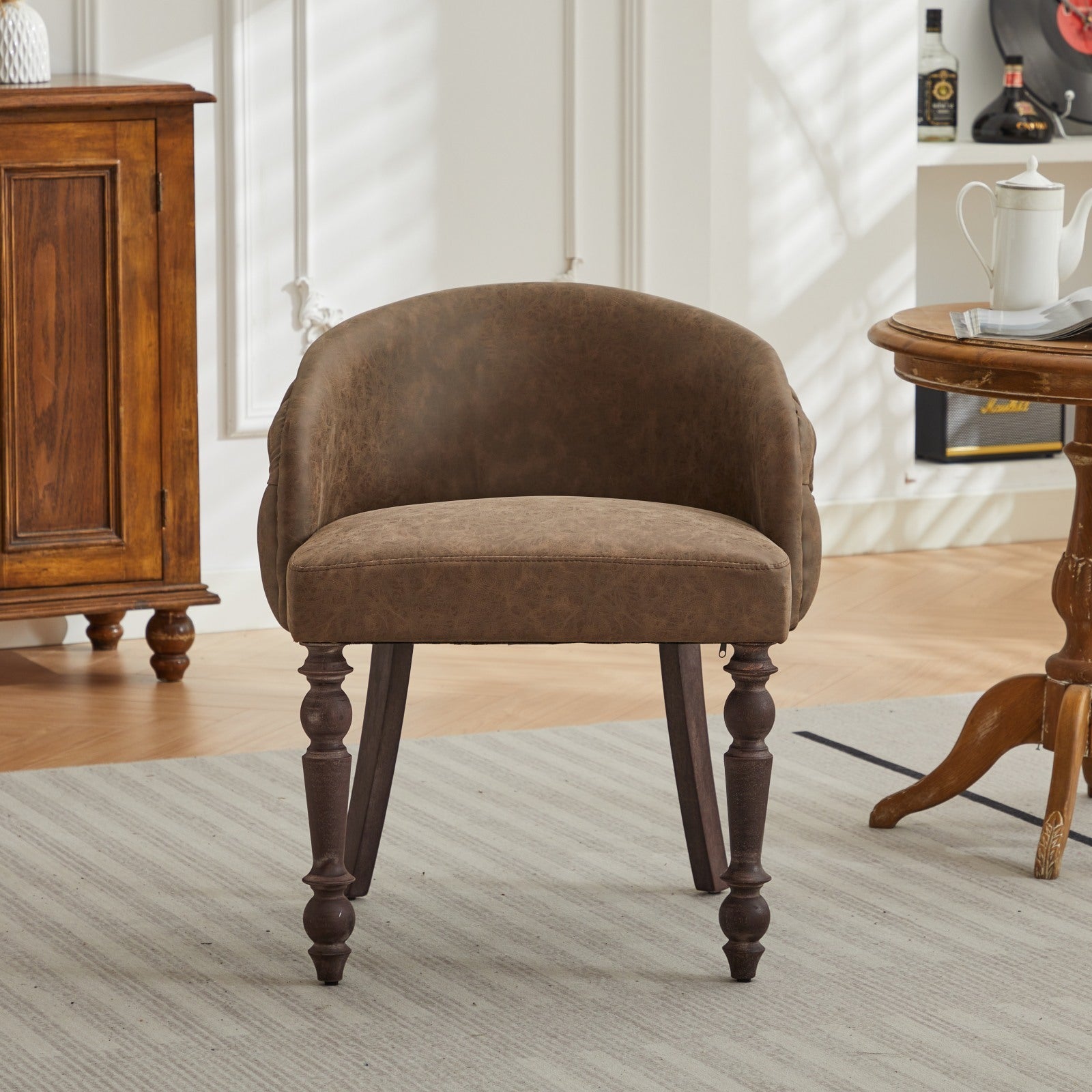 Hand Pulled Buckle Decoration Pu Dining Chair,Accent Leisure Chair, Mid Century Modern Arm Chair With Solid Wood Armrests And Legs, 1 Seat Cushioned Sofa For Living Room Bedroom,Brown Color,Sw1865Br Brown American Design Rubberwood Foam Pu