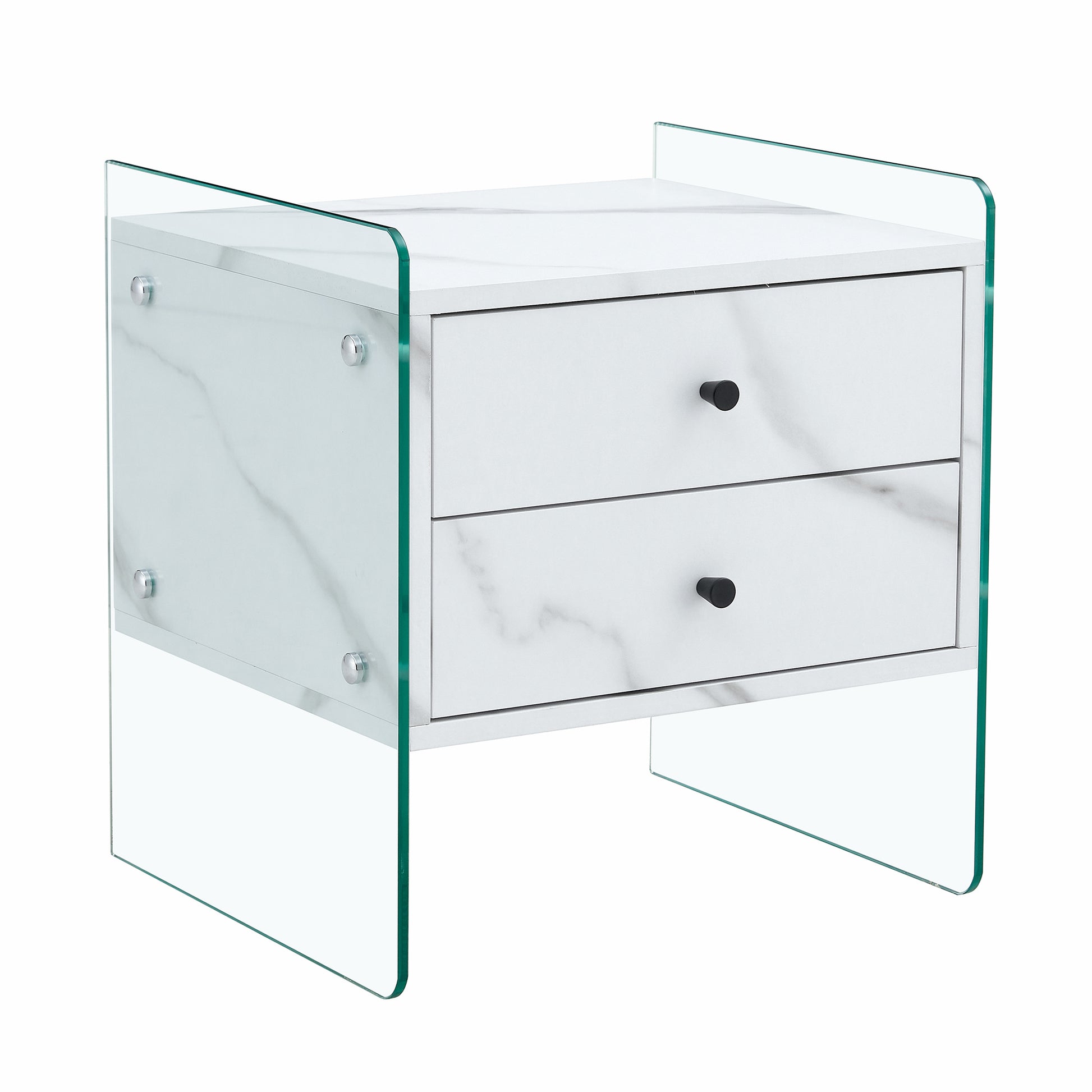 Double Drawer Bedside Table. The Board Surface Is Mdf Sticker, And Both Sides Are Transparent Tempered Glass. The Design Is Simple And Elegant, With Excellent Storage Functions. White Mdf