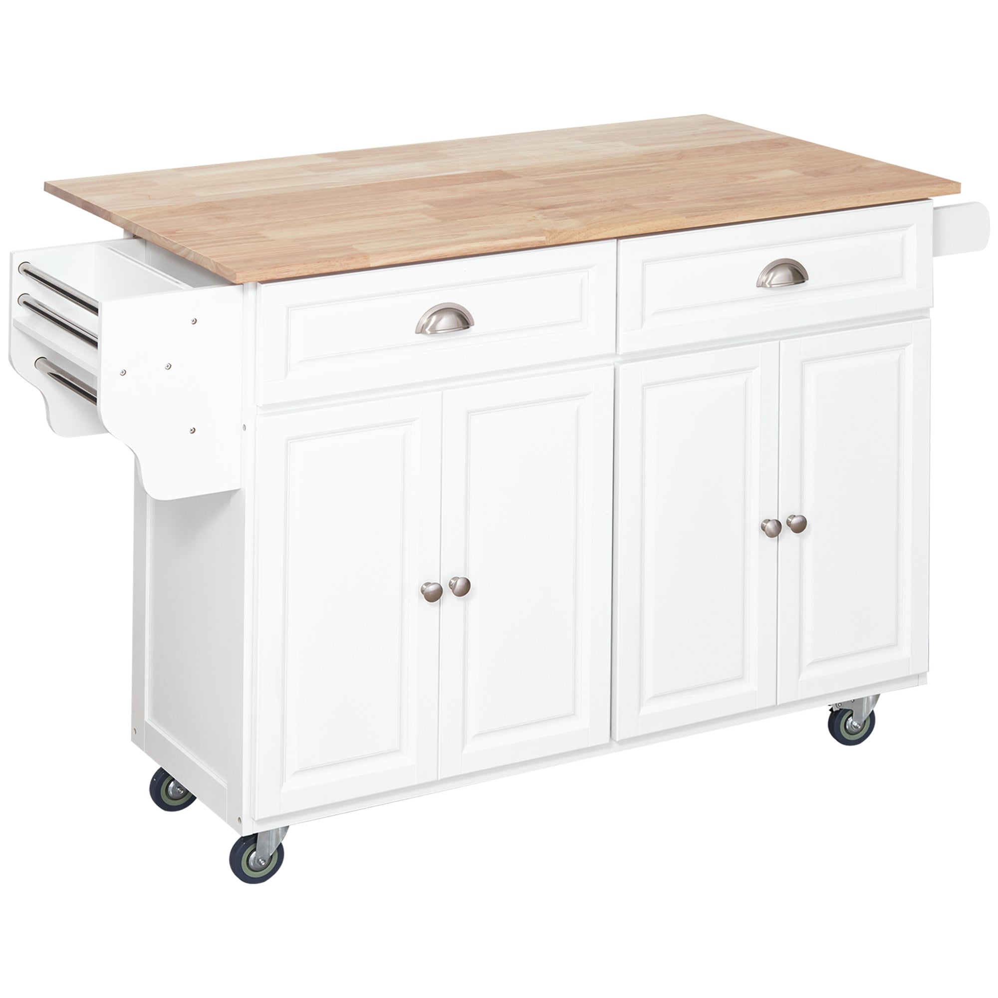 Homcom Rolling Kitchen Island On Wheels, Kitchen Cart With Solid Wood Drop Leaf Breakfast Bar, Storage Drawers, 4 Door Cabinets, Spice Rack, White White Rubber Wood