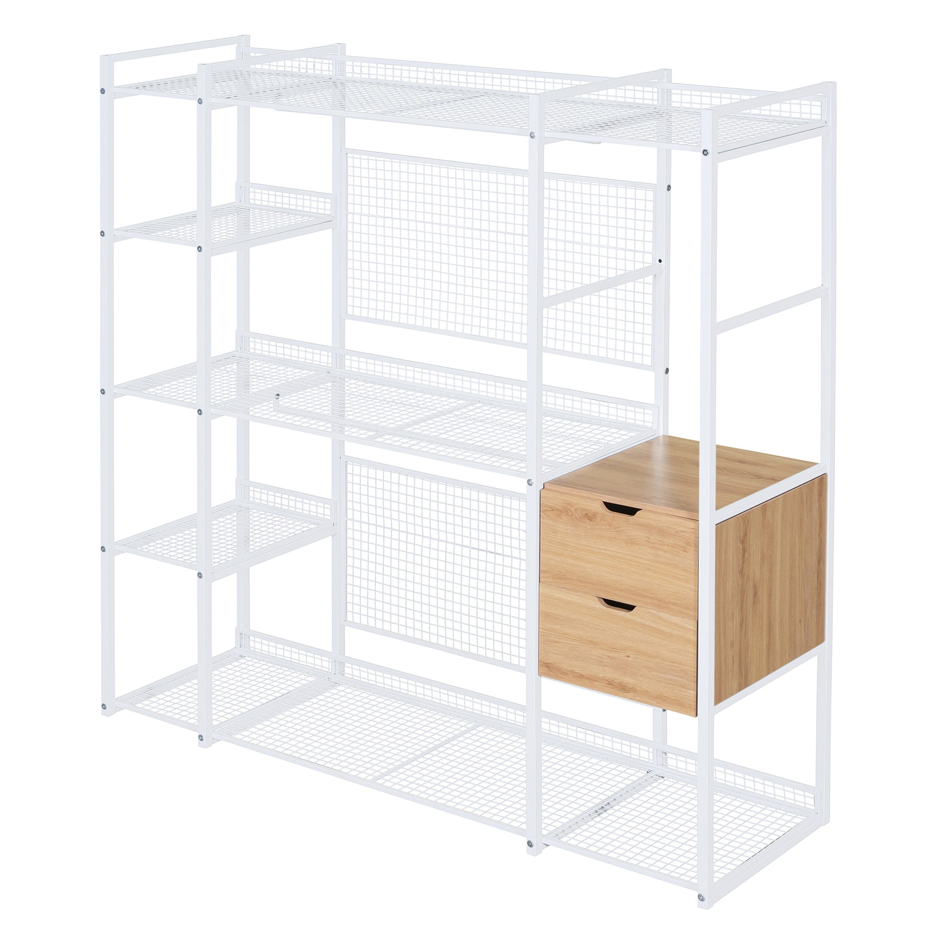 Open Style Wardrobe With Hanging Rails, Shelves And Drawers, White White Metal & Wood