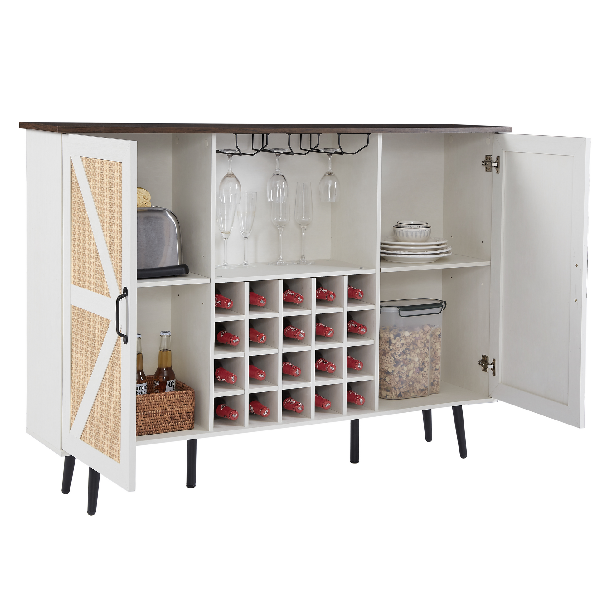 White Faux Rattan Barn Door Wine Cabinet With Wine Rack And Wine Glass Rack, Double Door Design With Removable Shelves, Rustic Wood Storage Cabinet White Walnut Particle Board Mdf