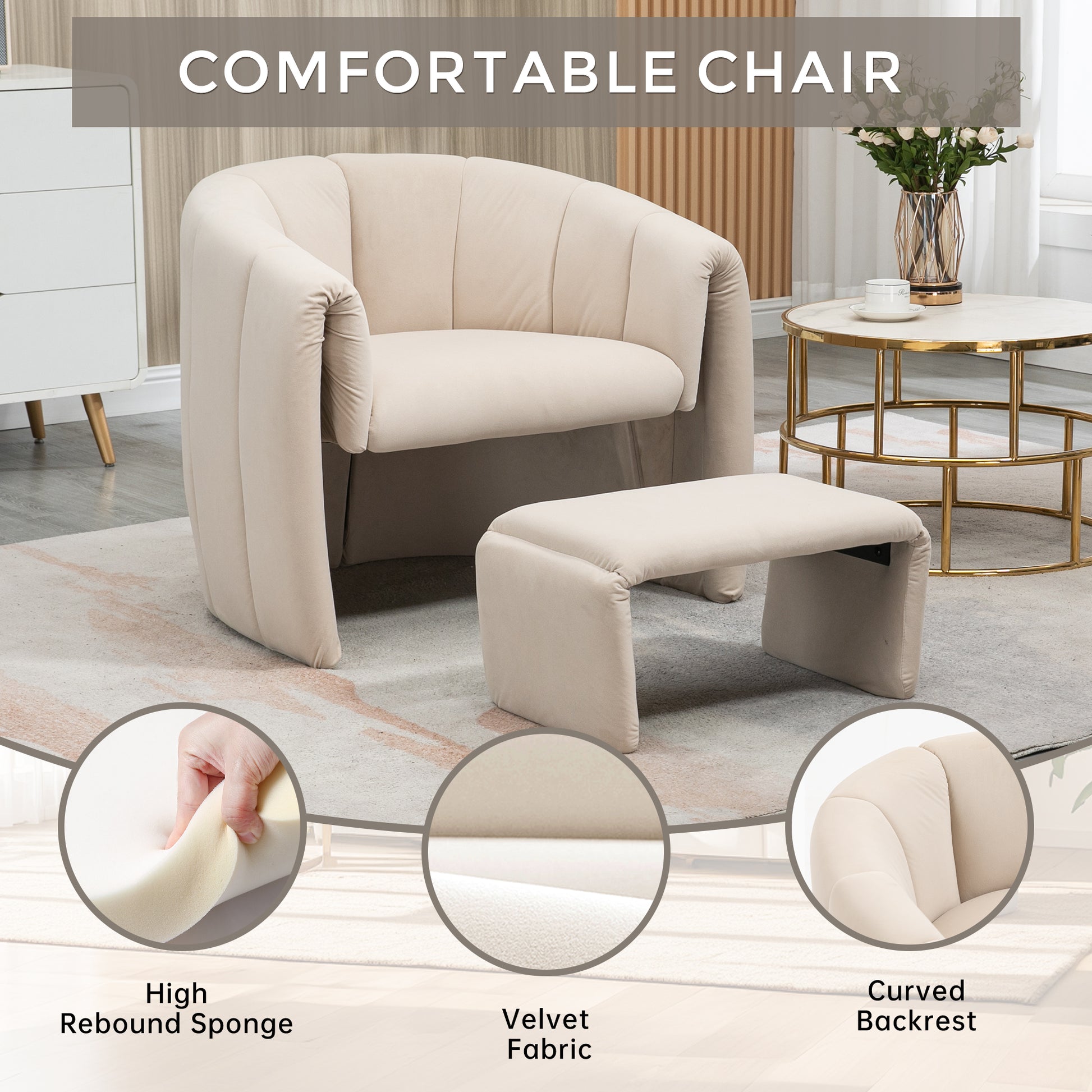 Coolmore Accent Chair With Ottoman, Mid Century Modern Barrel Chair Upholstered Club Tub Round Arms Chair For Living Room Bedroom Office Beige Velvet Beige Foam Velvet