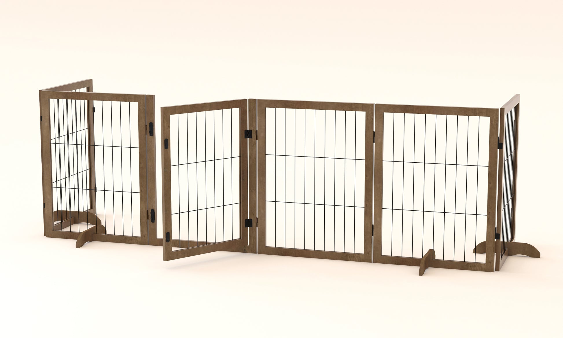 Dog Gate With Door Pet Dog Fence Barrier 6 Panels 144 Inch Wide 32 Inch Tall Foldable Multiple Shapes Freestanding With Support Feet Indoor Use For House Doorway Stairs Plant Stand Brown Pet Barrier Medium 26 40 Lbs Solid Wood