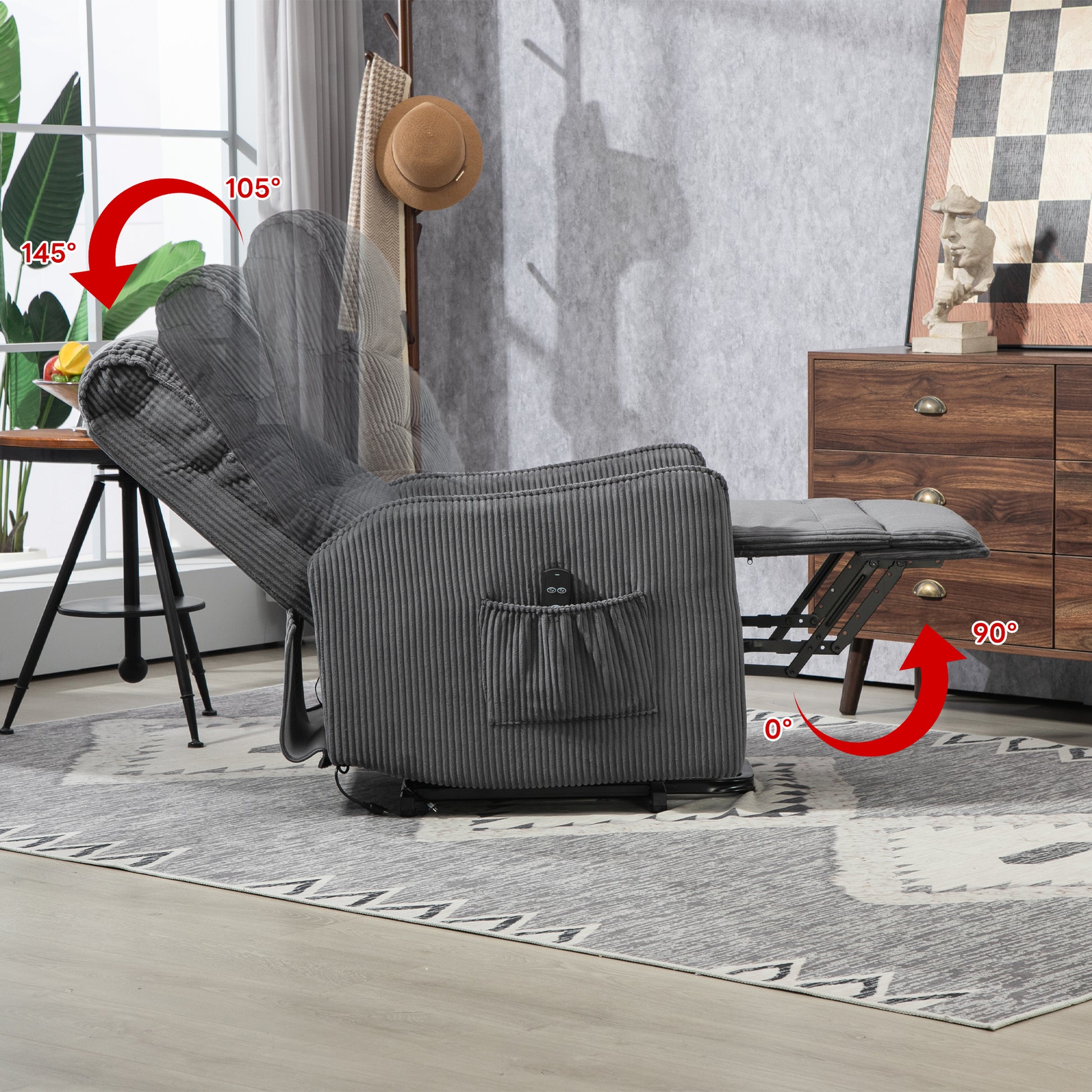 Coolmore Recliner Chair, Electric Recliner Chairs For Adults, Side Pocket Power Reclining Chair Pocket Springs Seat Cushion, Corduroy Fabric Recliner Sofa For Living Room, Bedroom, Home Theater Dg Dark Gray Foam Corduroy