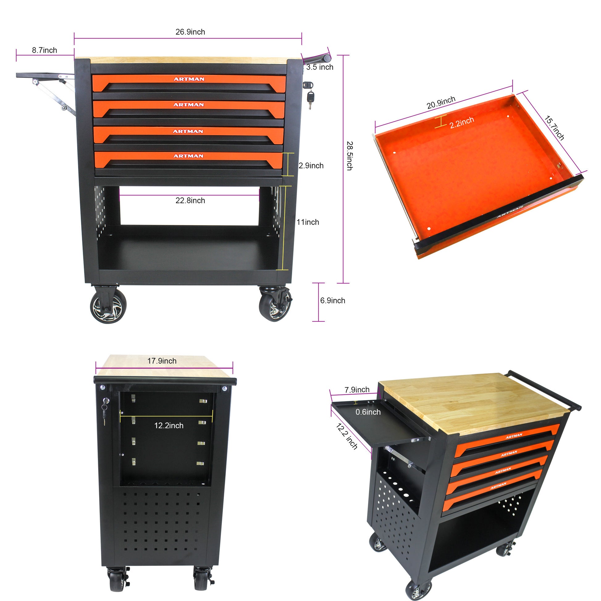 4 Drawers Multifunctional Tool Cart With Wheels And Wooden Top Orange Orange Metal