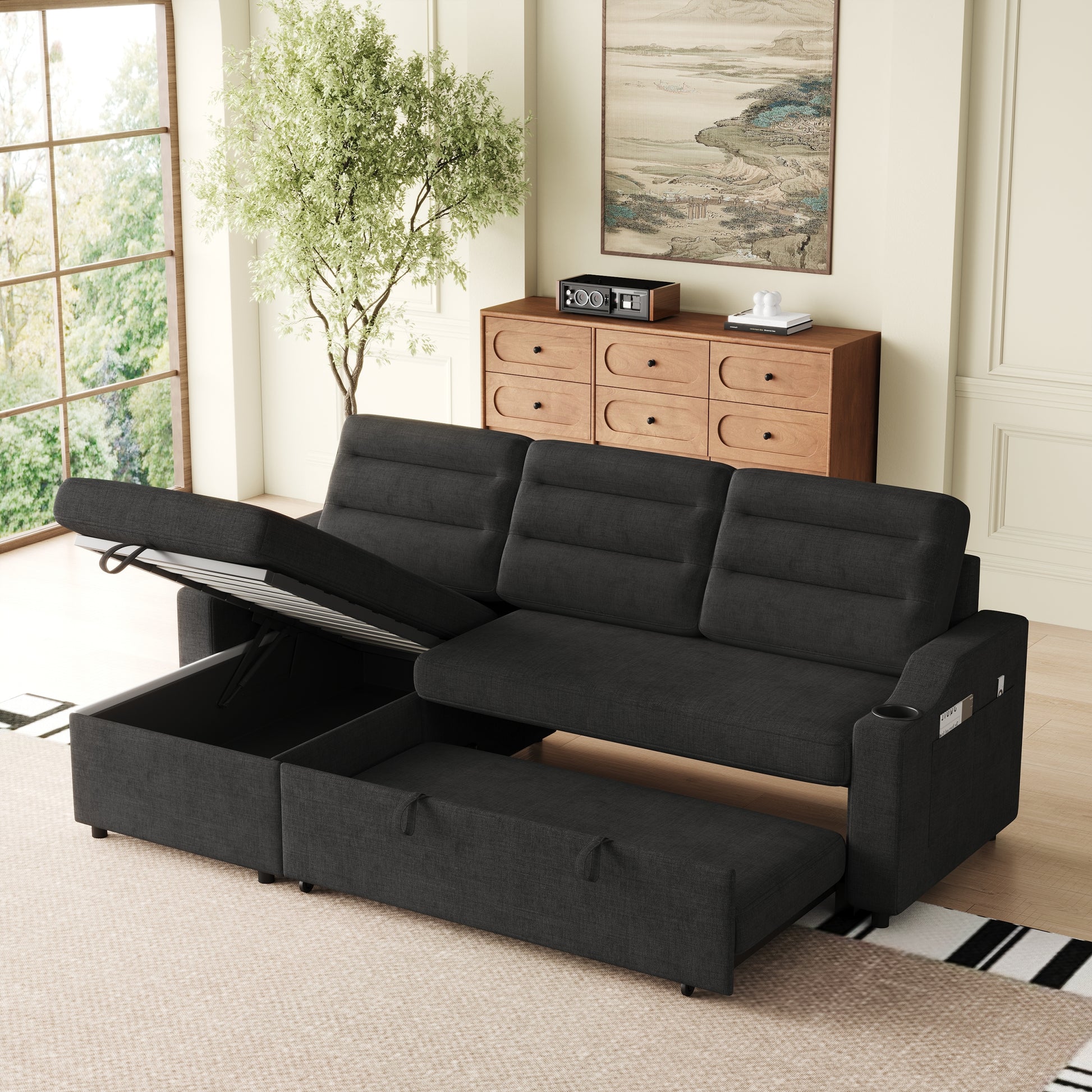 Mh83.5" Convertible Sleeper Combo Sofa, Convertible Sofa Bed Polyester Pullout Bed With Storage Recliner And Cup Holder For Living Room, Tight Spaces Black Polyester Wood Primary Living Space Pine Polyester Fabric 3 Seat