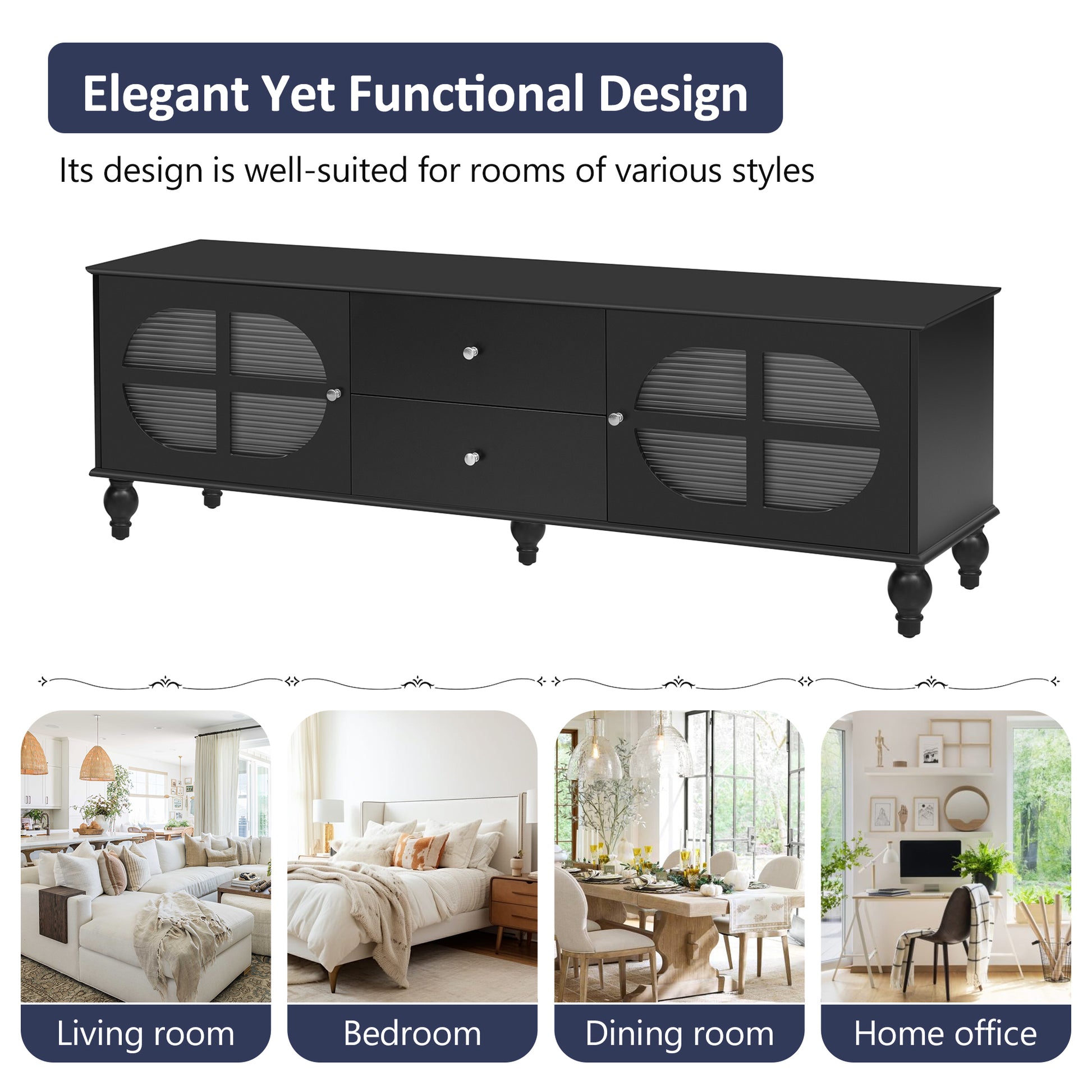 68.9'' Modern Tv Stand For Tvs Up To 75 Inches, Entertainment Center Media Console With Fluted Glass Doors, Five Solid Wood Legs For Living Room Black 70 79 Inches Mdf